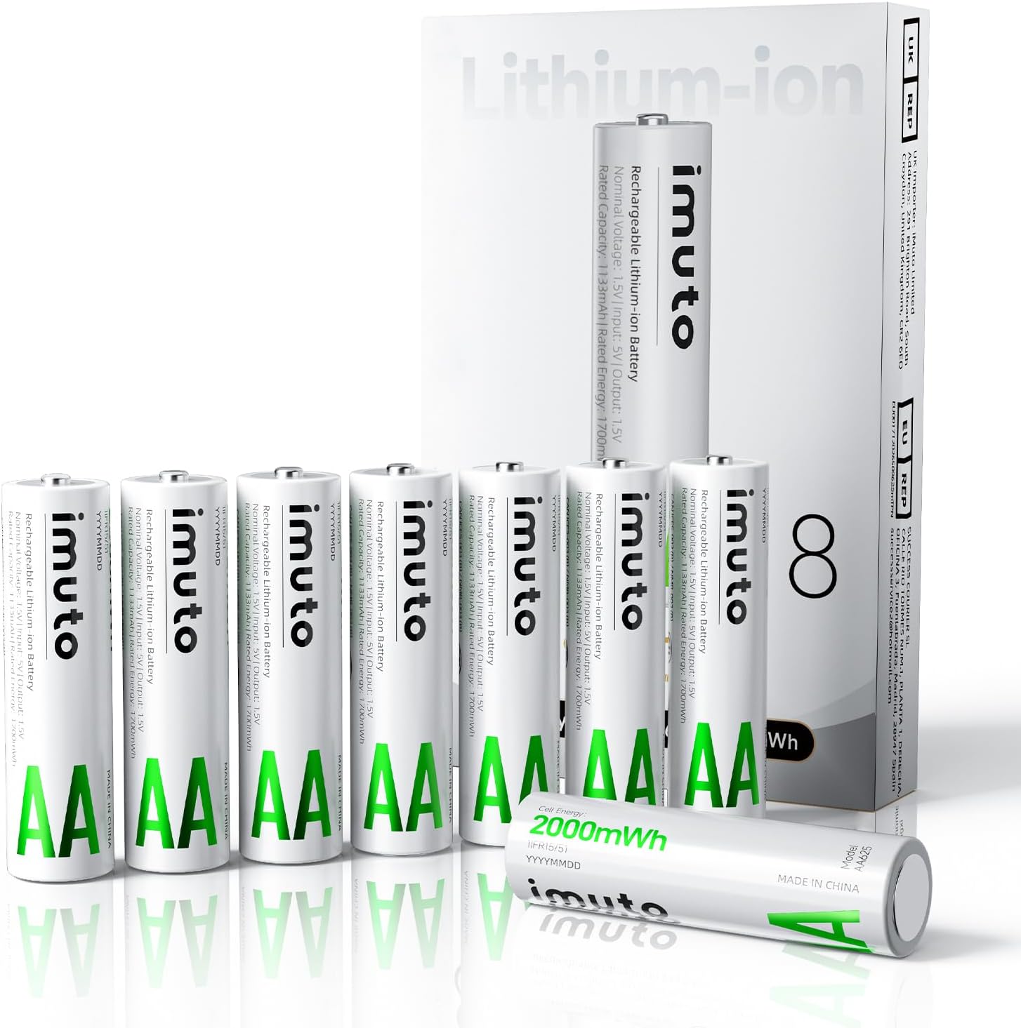 imuto Baterías recargables AA, baterías de litio AA de 2000 mWh, paquete de 8 unidades, salida de 1.5 V 2 A, doble una batería, más de 1600 ciclos
