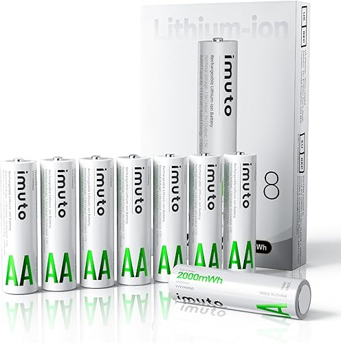 imuto Baterías recargables AA, baterías de litio AA de 2000 mWh, paquete de 8 unidades, salida de 1.5 V 2 A, doble una batería, más de 1600 ciclos