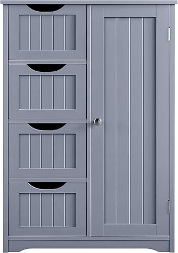 Topeakmart Armario de almacenamiento de baño independiente con 4 cajones y un armario de puerta para sala de estar o pasillo, gris