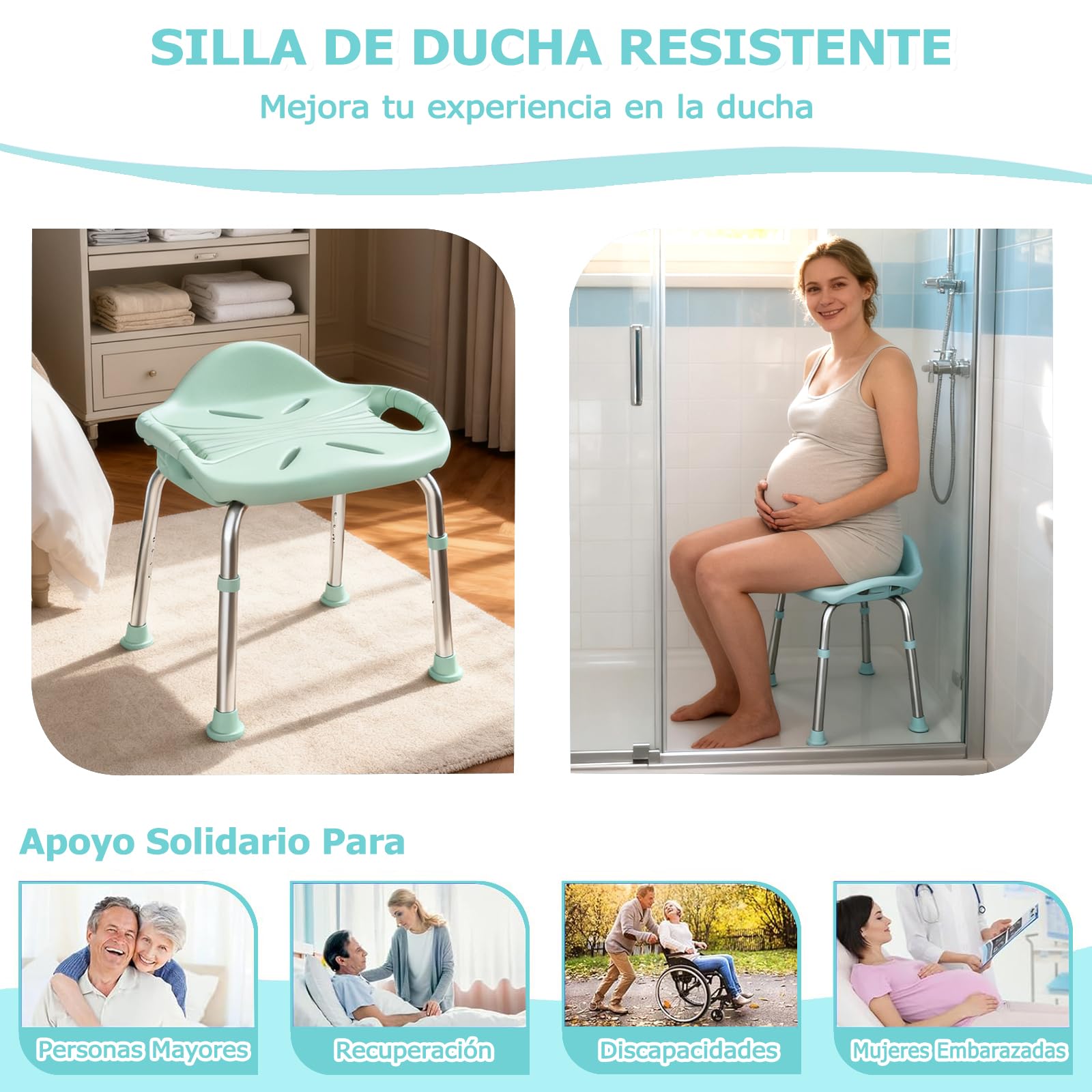 Taburete de Baño para Personas Mayores, Taburete de Ducha de Aluminio Ligero, Altura Ajustable Silla de Ducha con Patas de Antideslizantes, Pequeño Respaldo y Asas Integradas, Carga de 150 kg