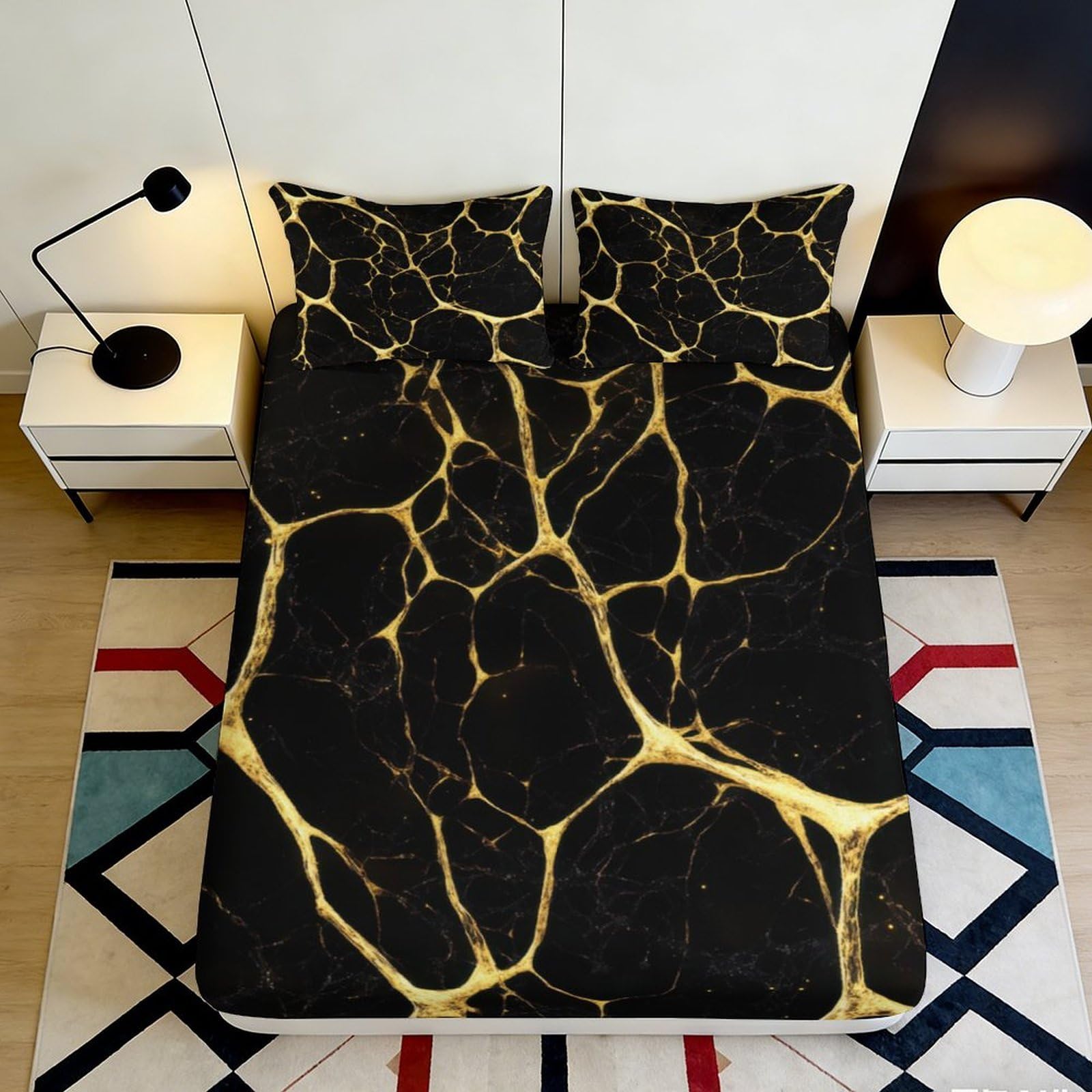 3D Printed Black Marble Fitted Sheet Microfiber Soft Gold Vein Bed Sheet Non Slip Machine Washable Protection Decor 90x200x25cm