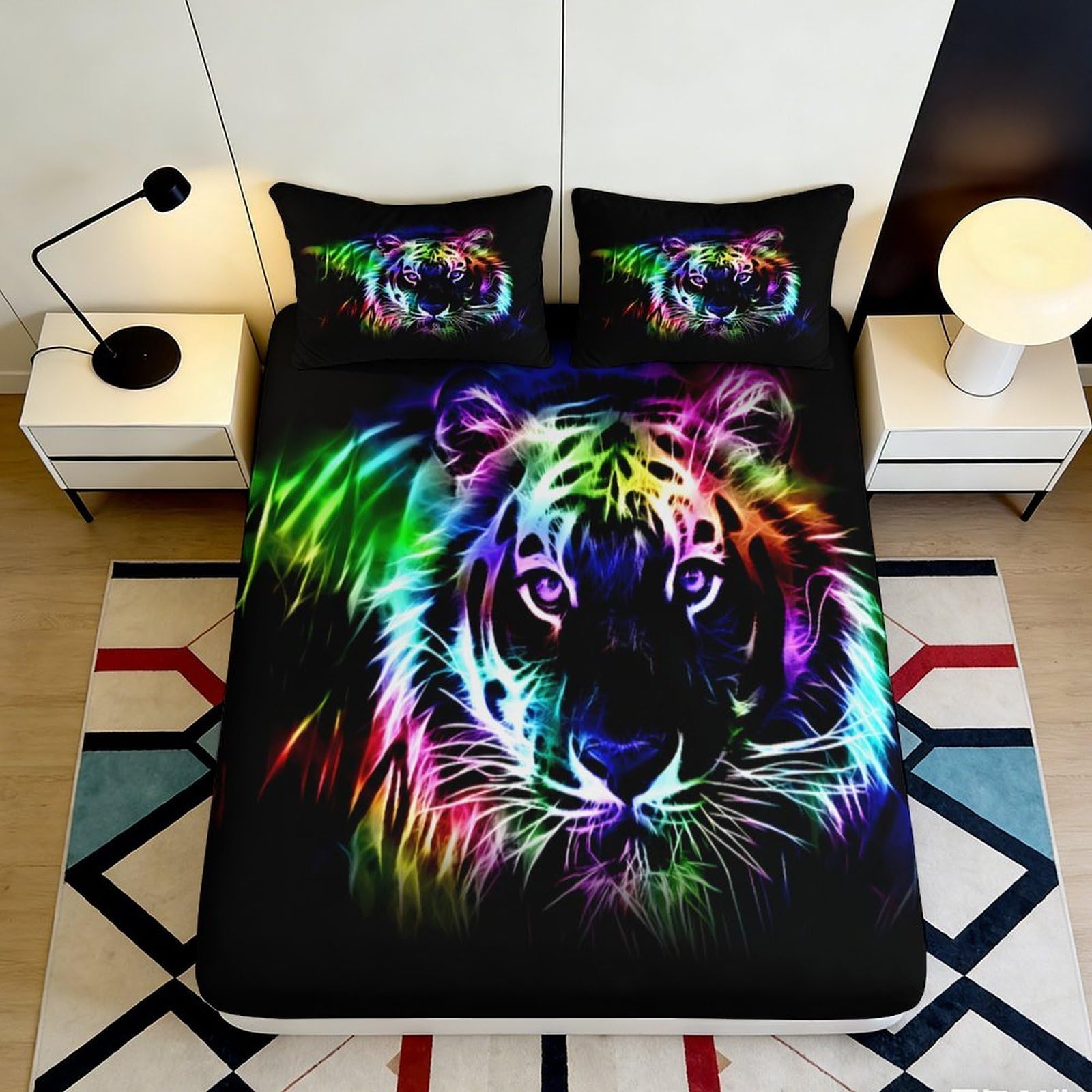 3D Printed Neon Tiger Fitted Sheet Microfiber Soft Durable Colorful Tiger Face Bed Cover for Bedroom Dormitory Guest Room Mattress Protection 140x200x25cm