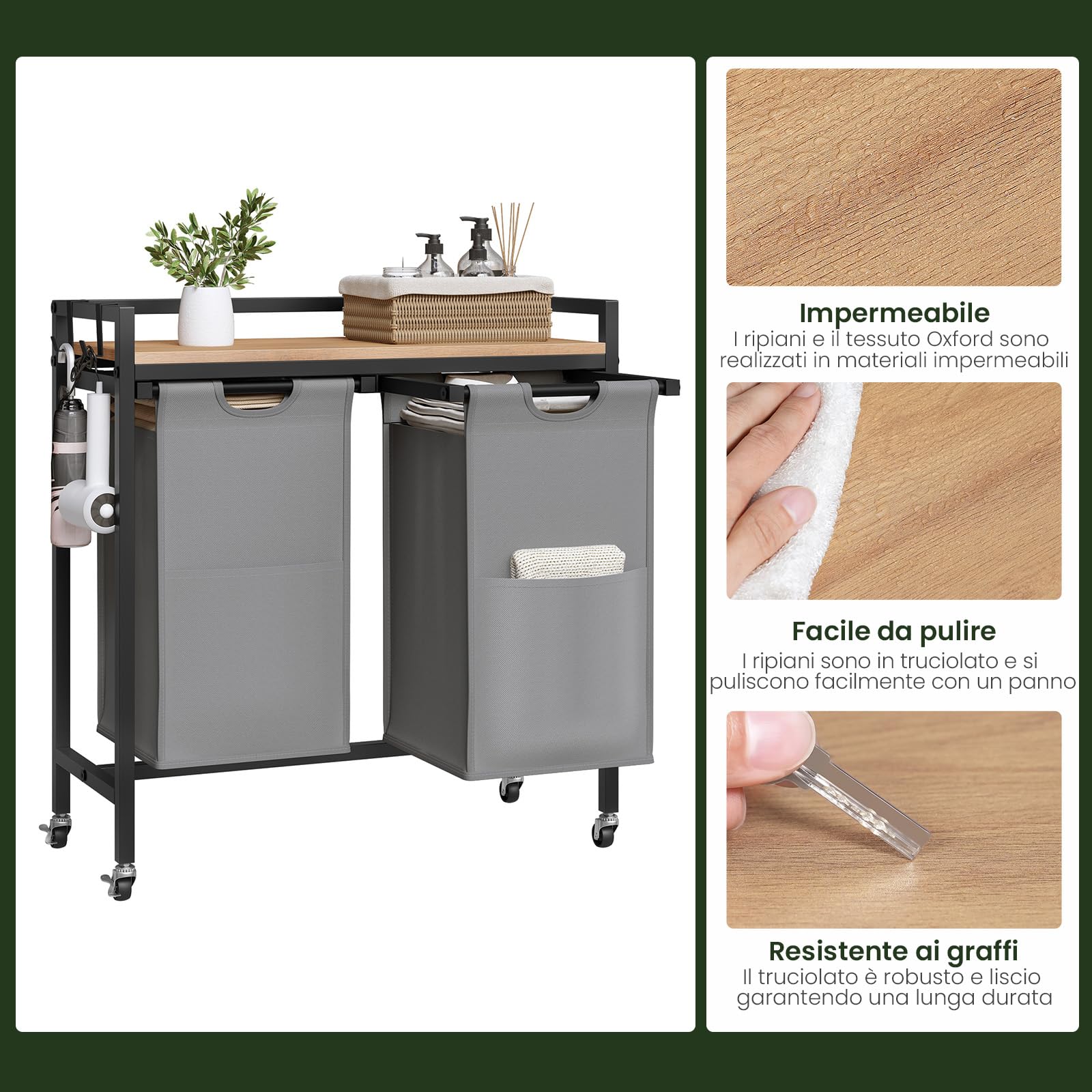 EUGAD Cesto Portabiancheria, 2 Sacchi in Tessuto Oxford Rimovibili, Porta Biancheria, Struttura in Metallo, per Bagno e Lavanderia, 70x30x71cm, Capacità 40L per Cesto
