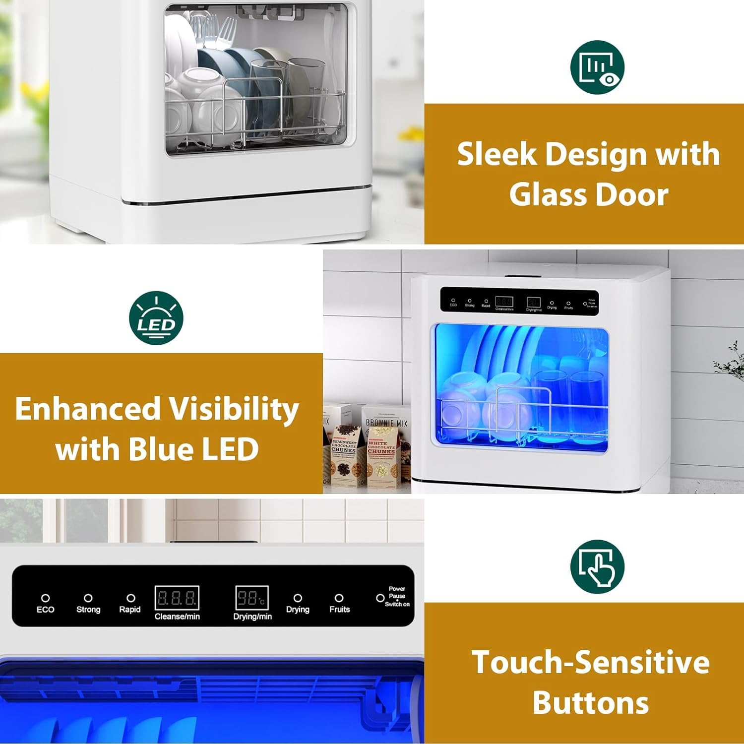 Encimera lavavajillas portátil de 800W, lavavajillas de mesa con 6 programas y tanque de agua de 6L, mini lavavajillas con cubierta semitransparente e indicador LED, perfecto y sencillo para