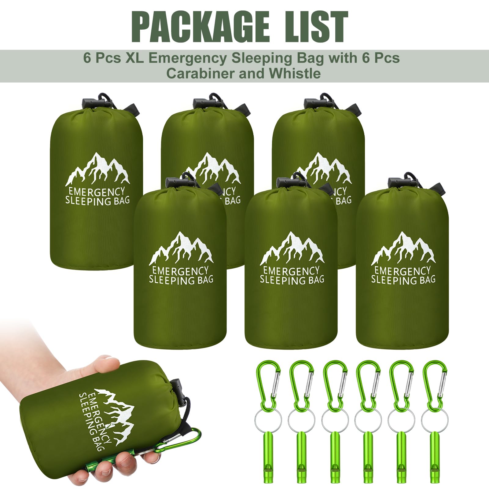 Oudain XL Notfallschlafsack, 240 x 125 cm, wasserdicht, Überlebensschlafsack mit Pfeife, Karabiner, tragbar, Thermo-Bivysack, Notfalldecken für Camping, Wandern, Outdoor, 6 Stück