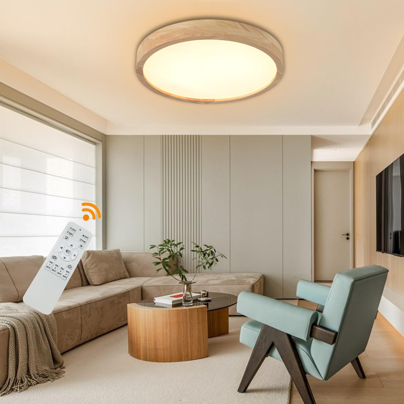 15.7 Inch Modern Wood LED Ceiling Light Fixture, 3000K-6000K Dimmable Round Close to Ceiling Lighting Fixtures,for Living Room, Bedroom, Dining Room,
