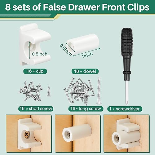 Miniatura 2 de Juexica Clips de clip frontal de gabinete falso para cajón y fregadero con tornillos y destornilladores para reemplazos de hardware (16 pares),