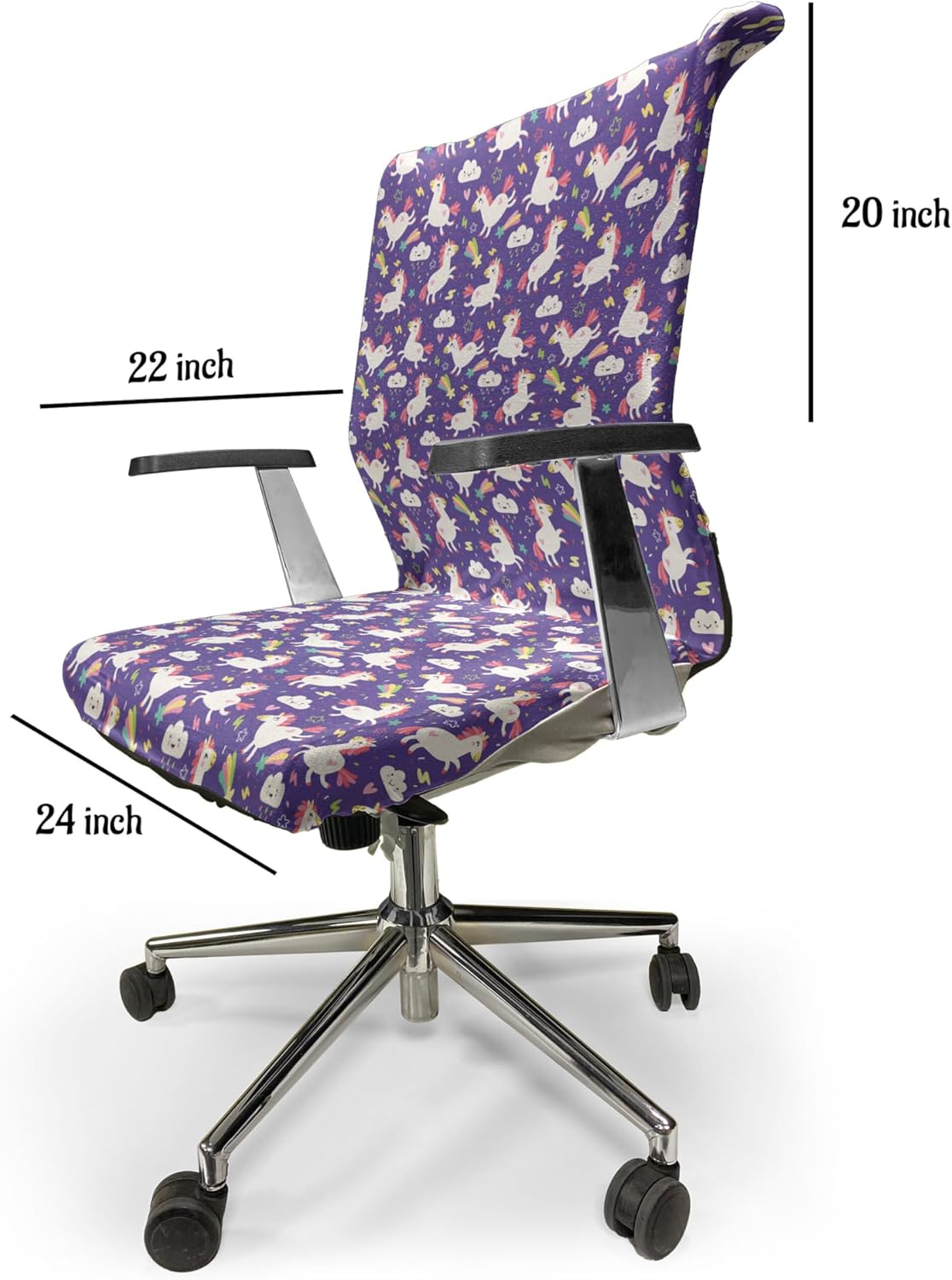 Ambesonne Unicorn Office Chair Cover, Theme Kawaii Style Inspired Clouds Hearts Rainbows Pattern, Stretchable Decorative Universal Size High Back Printed Slipcover, Indigo Multicolor