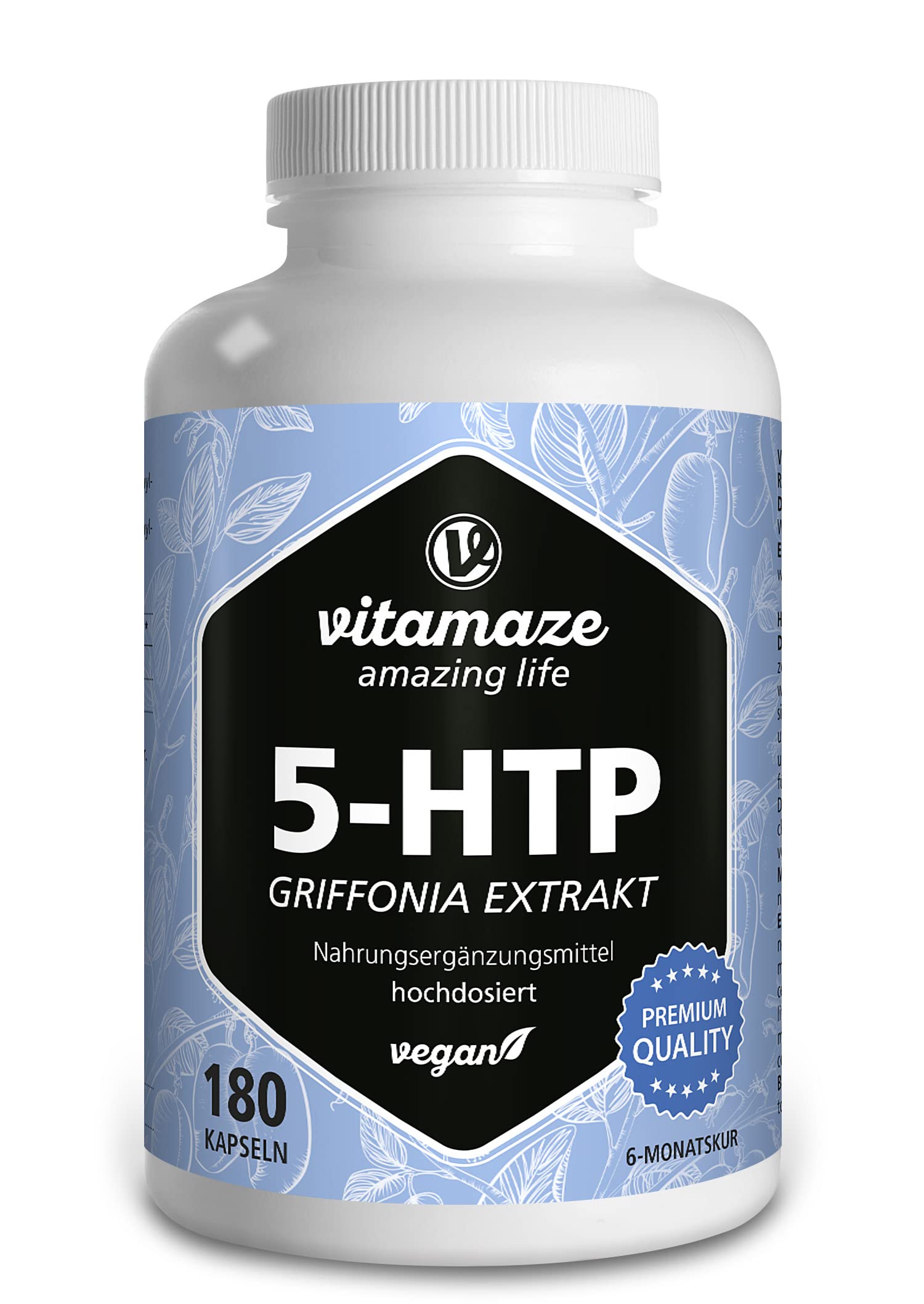 Vitamaze® Griffonia 5-HTP Alto Dosaggio 600 mg, 180 Capsule (per 6 Mesi) Vegane di Estratto di Semi di Griffonia Potente Dosi, Integratore senza Additivi non Necessari, Qualità Tedesca