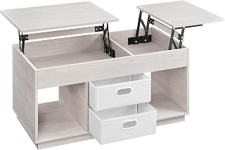 VASAGLE Coffee Table, Lift Living Room Table with 2 Drawers and Hidden Compartments, Open Compartments, for Living Room, Home Office, Oatmeal Beige LCT210K01