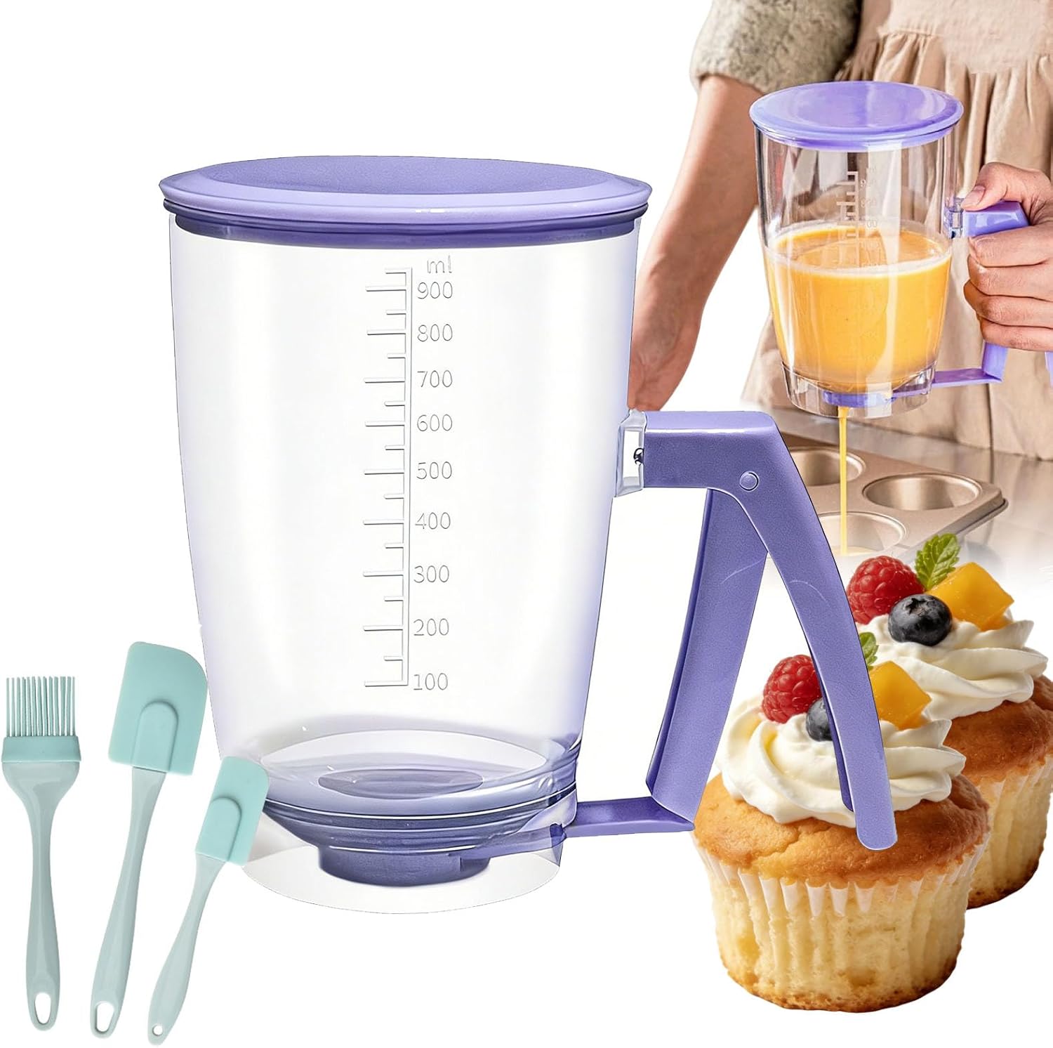 Pancake Batter Dispenser Bottle,32 Oz Batter Dispenser with Squeeze Handle for Cupcakes,Funnel Cake Batter Dispenser with Measurement Markings Silicone Brush Scraper for Waffles, Muffins (2PCS)