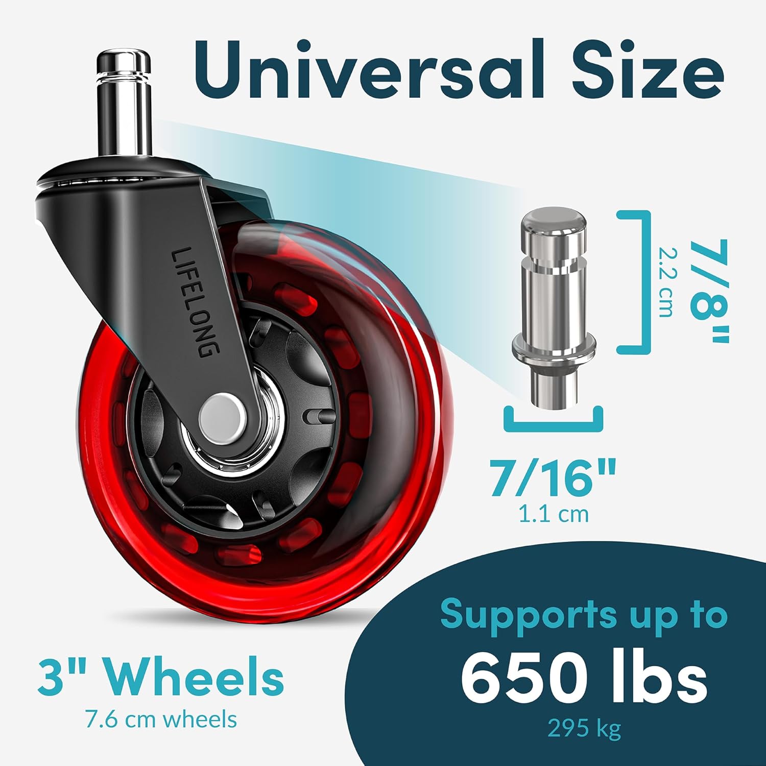Lifelong Original Office Chair Wheels (As Seen On CNN) Replacement Rubber Chair Casters for Hardwood Floors & Carpet, Set of 5, Heavy Duty Casters for Chairs to Replace - Fits 98% (Red)