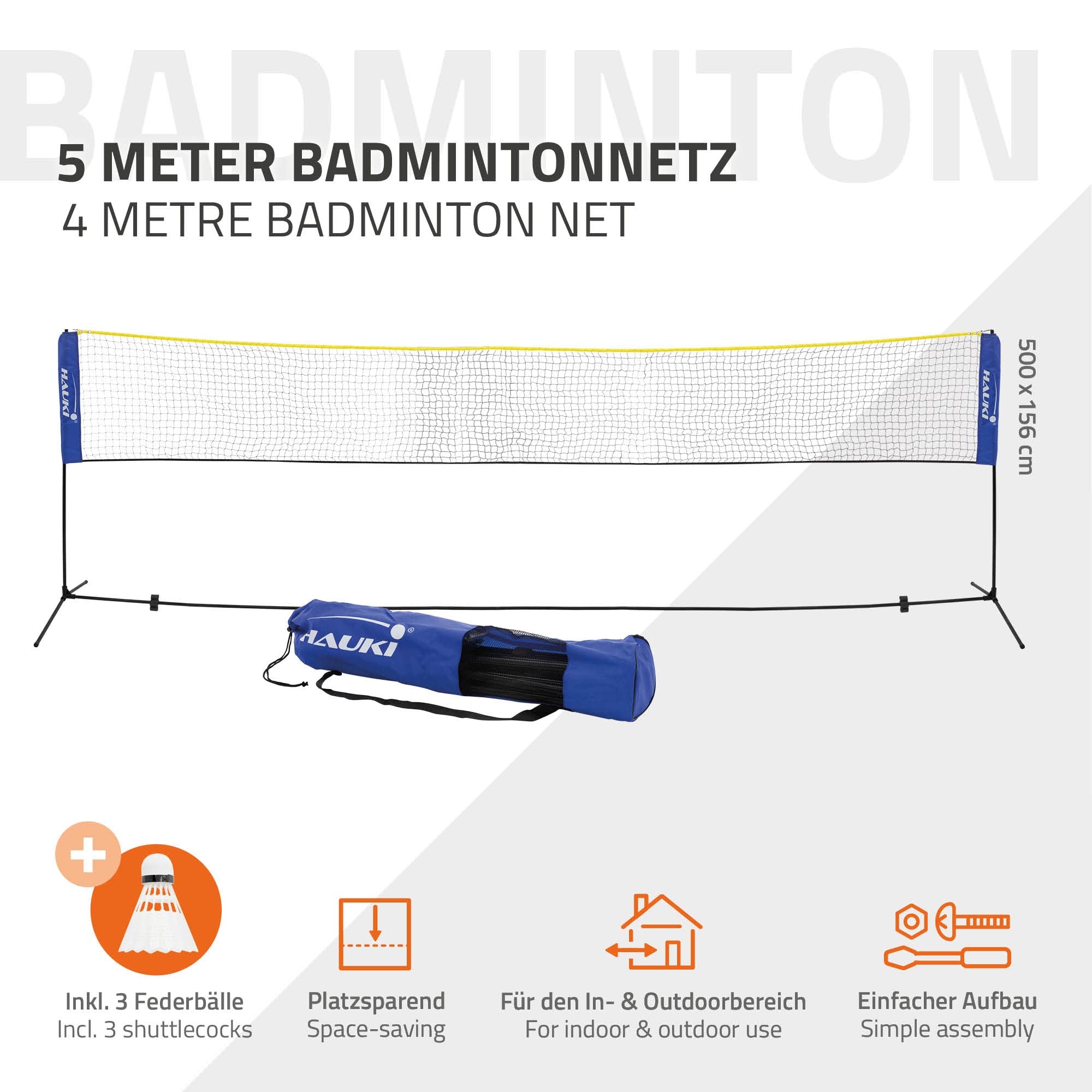 Hauki Filet de Badminton, Filet de Tennis 400/500 cm, Noir/Bleu, H156 cm, 3X Volants, Sac de Transport, Armature en Fer Stable, Filet de Volleyball Portable, Filet d'Entraînement Interieur/Exterieur