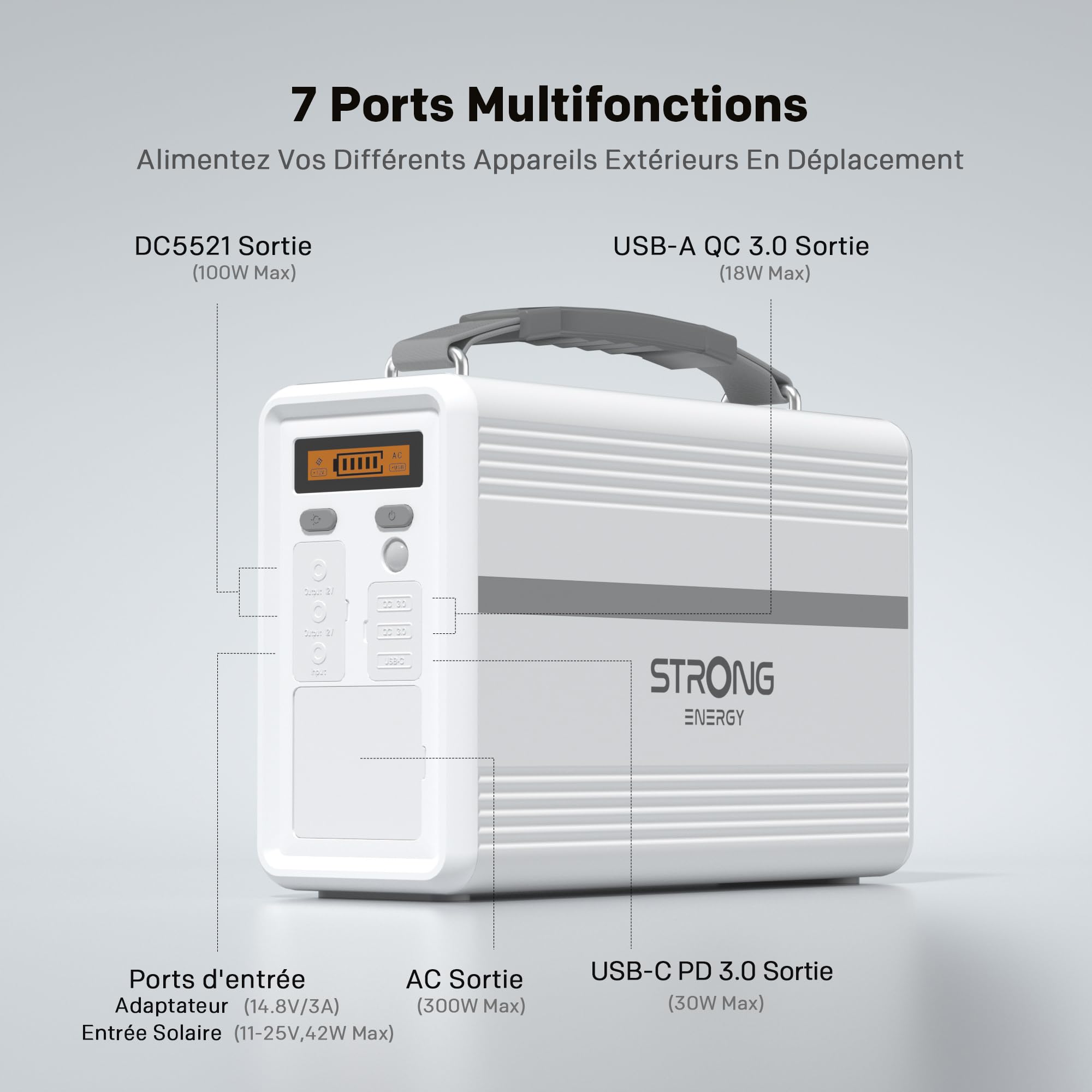 STRONG P300 Centrale Électrique Portable, 307,2Wh Batterie LiFePO4, 300W Solaire, MPPT, Protection BMS, QC3.0 & PD 30W, pour Camping, Voyage, Urgences en Extérieur