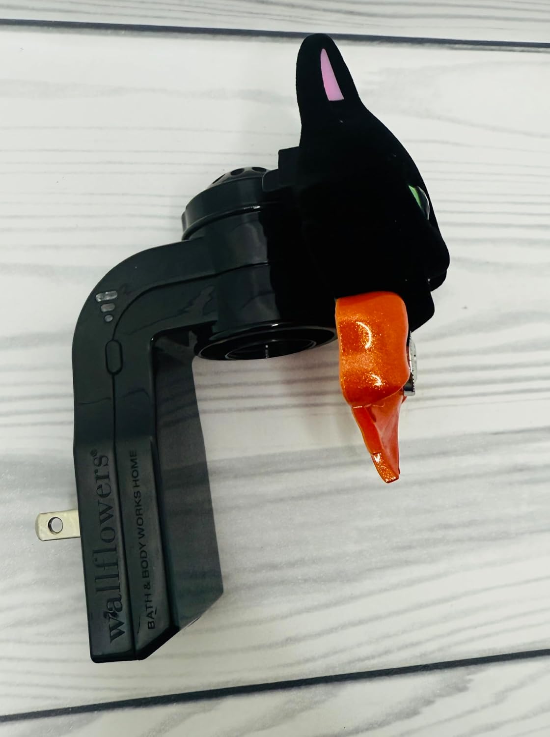 Bath and Body Black Spooky Kitty Cat with Green Eyes, an Orange Bow Adorned with a Silver Skull Adjustable Wallflowers Scent Control Fragrance Nightlight Plug