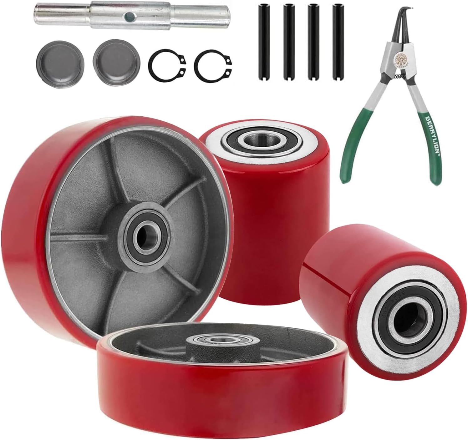 Pallet Jack/Truck Full Set with Axles, Pairs of 7" x 2" Steer Wheels & 3" x 3.75" Load Wheels with Bearings ID 20mm Poly Tread Black, Entry Exit Roller, Tool Kit Included.(Assembled) 7" x 2" & 3" x 3.75"