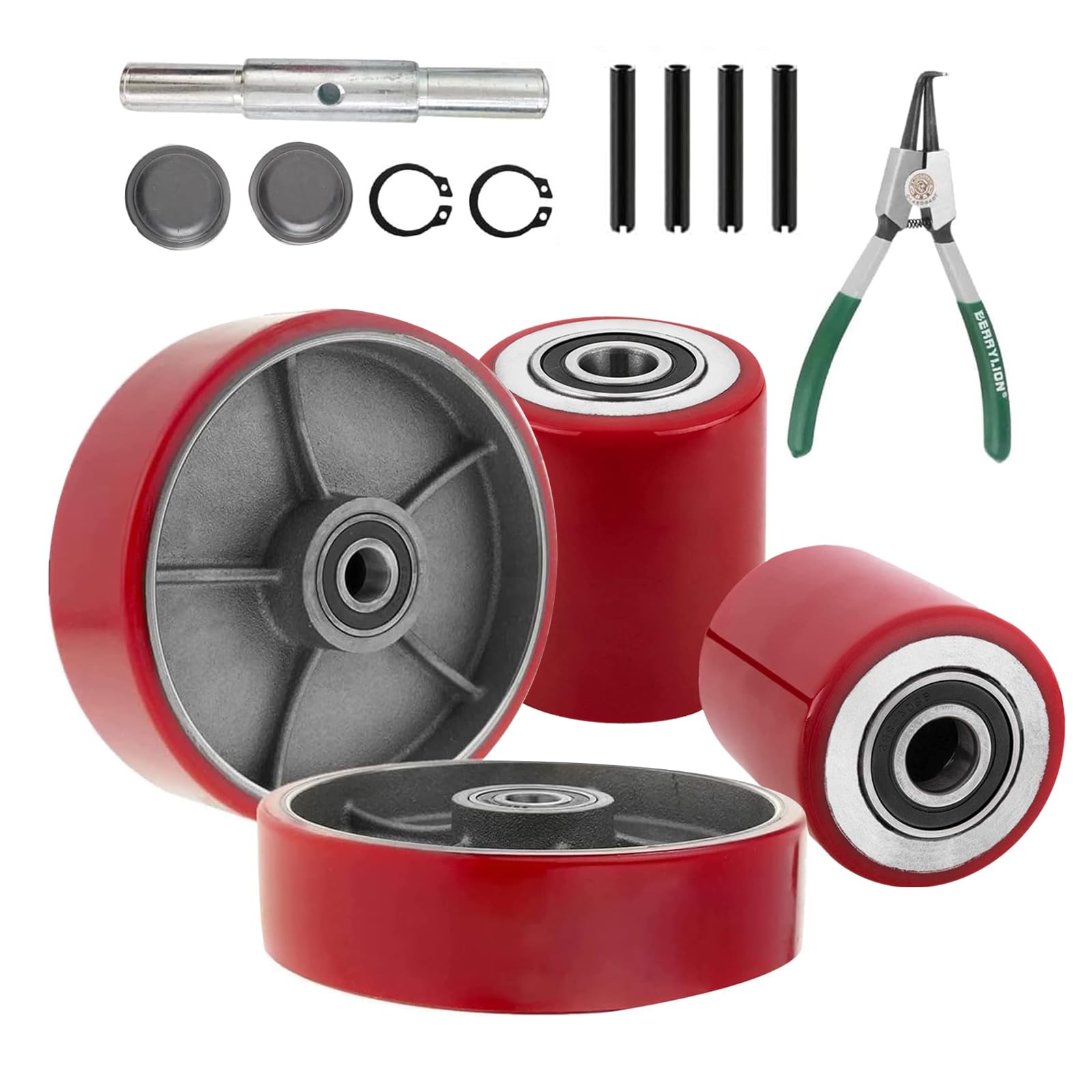 Pallet Jack/Truck Full Set with Axles, Pairs of 7" x 2" Steer Wheels &amp; 3" x 3.75" Load Wheels with Bearings ID 20mm Poly Tread Black, Entry Exit Roller, Tool Kit Included.(Assembled)