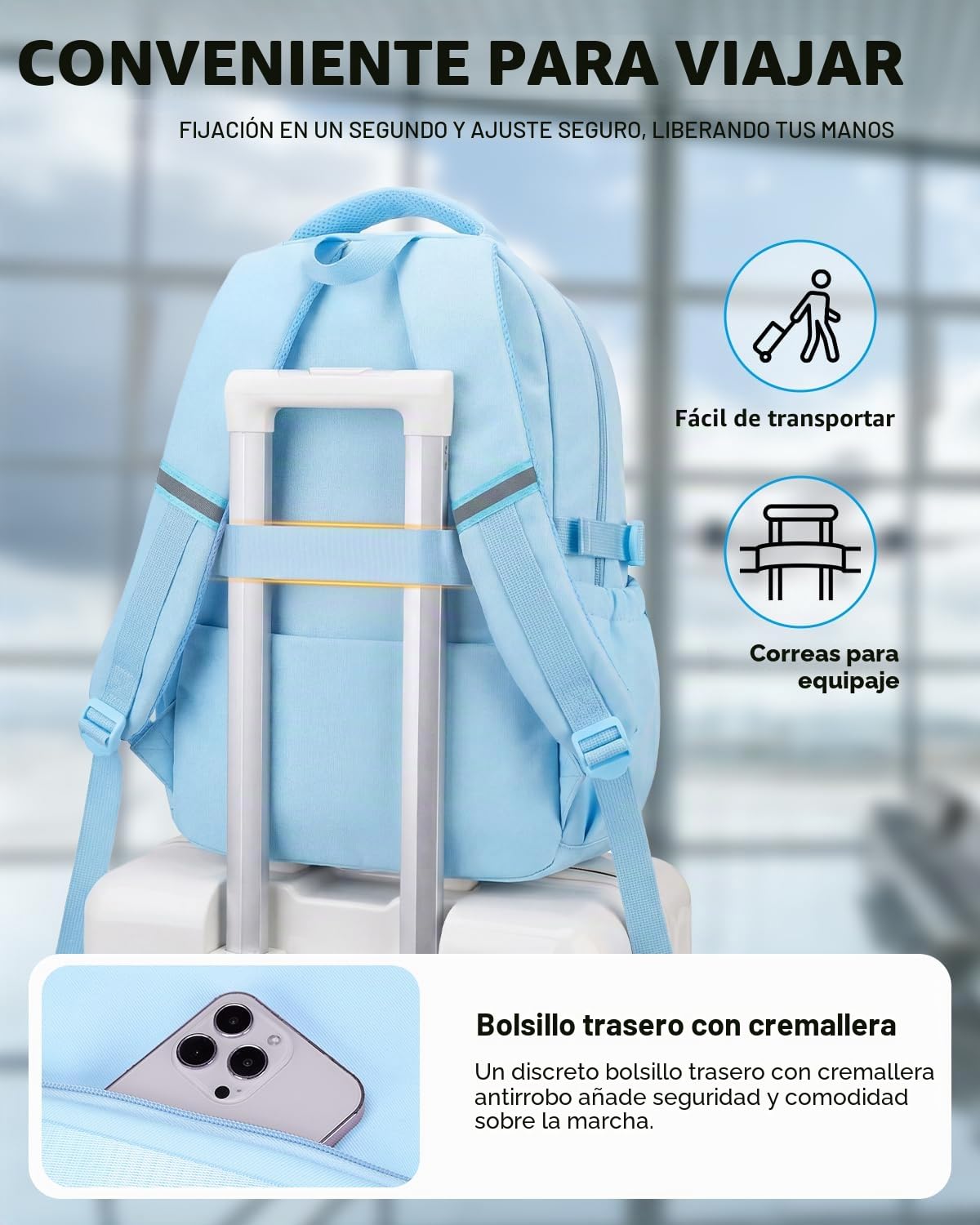 Amythe Mochila Escolar para Adolescentes Niñas, Mochilas para Instituto de 3 Piezas con Bandolera y Estuche, Mochila Grande Colegio Niña para Viajes y Ocio, Azul Cielo