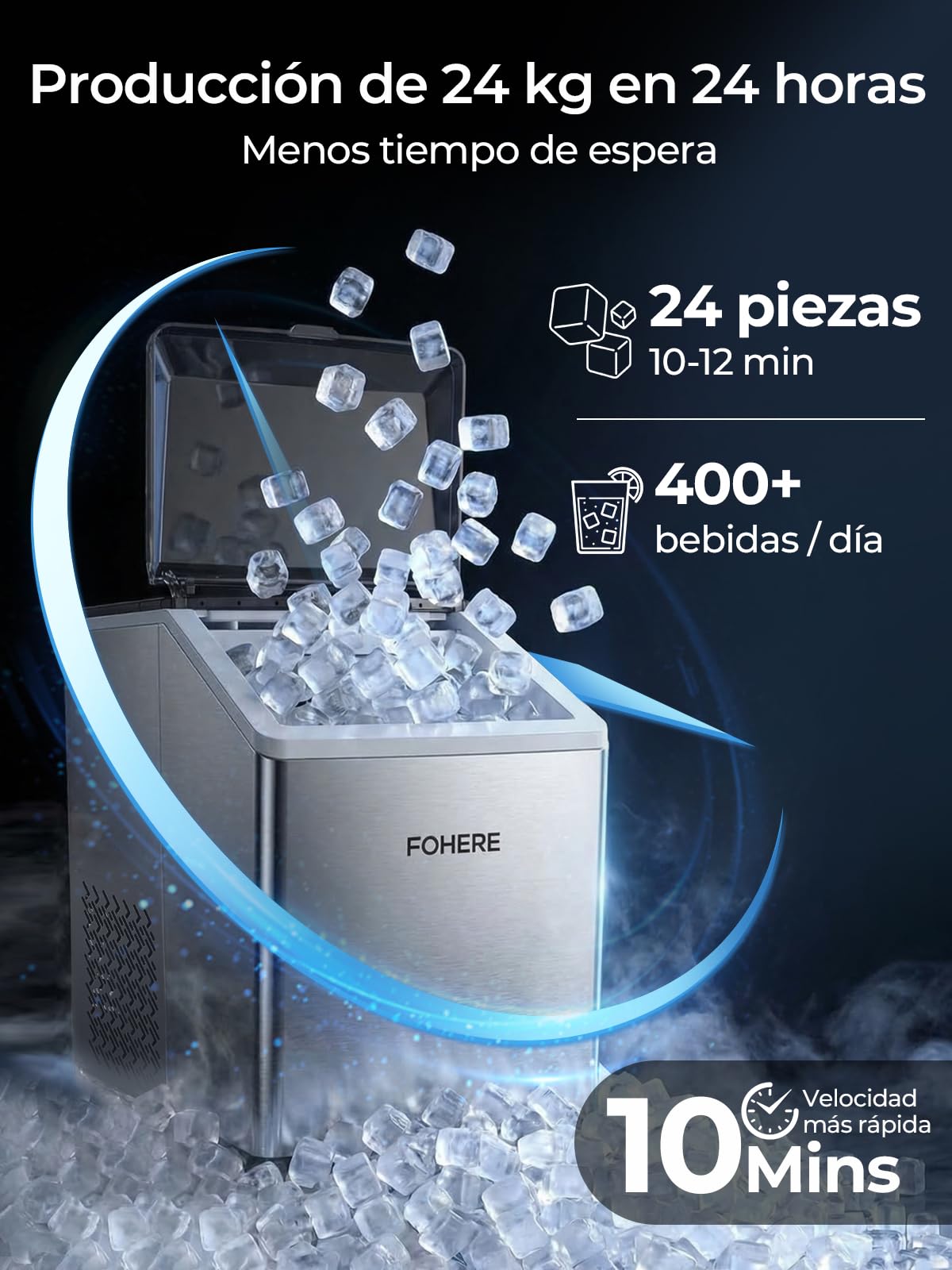 FOHERE Máquina de Hielo de Acero Inoxidable, 24kg/24h, 24 Cubitos en 10-15 Min, Tanque 3,2L con Temporizador, Autolimpieza & Descongelación, Doble Sistema de Llenado, Hostelería & Hogar
