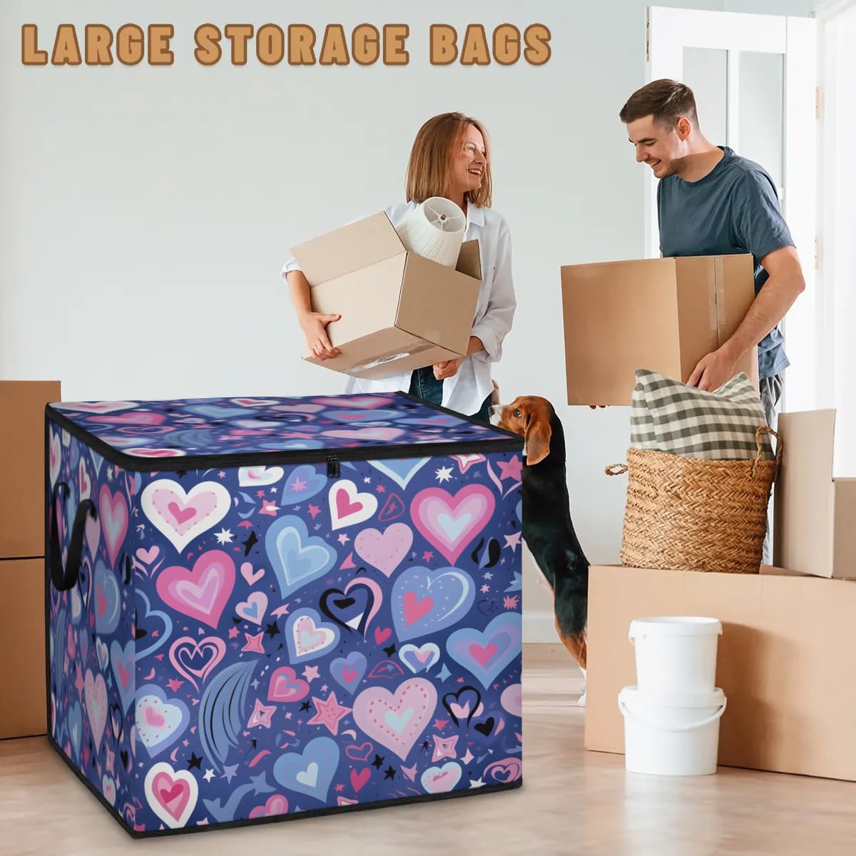 Honeybaby 214L Extra Large Comforter Storage Bag Pattern Valentines Day Storage Totes with Lids Waterproof Closet Organizer Folding Blanket Storage Bags for Clothes Bedding Pillows