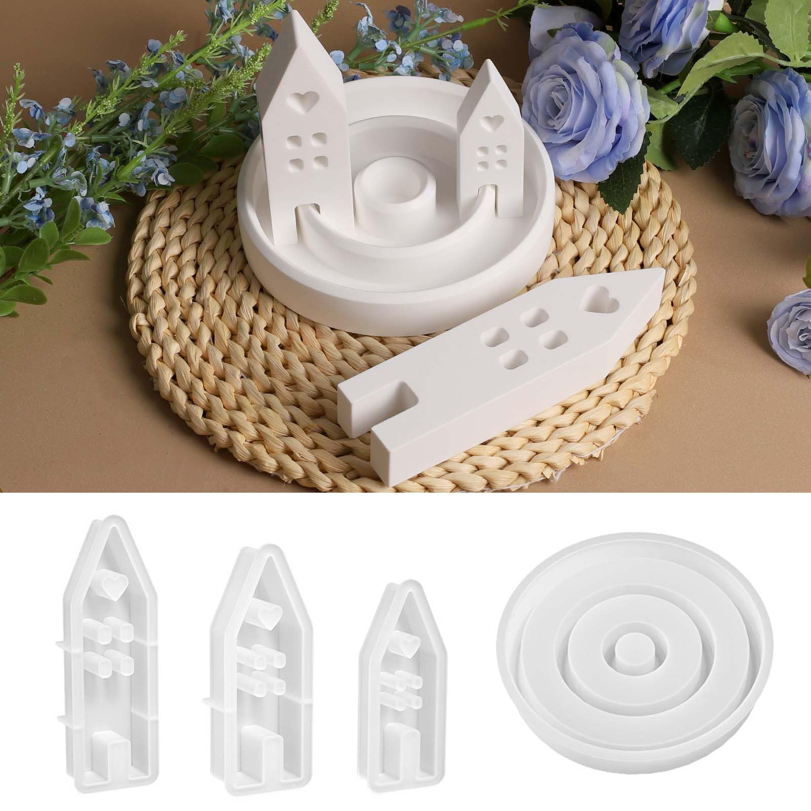 EPODA 4er Silikonform Haus mit Sockel, Gießformen 3D Kerzenhalter Weihnachten Gips Gießen Giessformen Silikon DIY Zement Beton