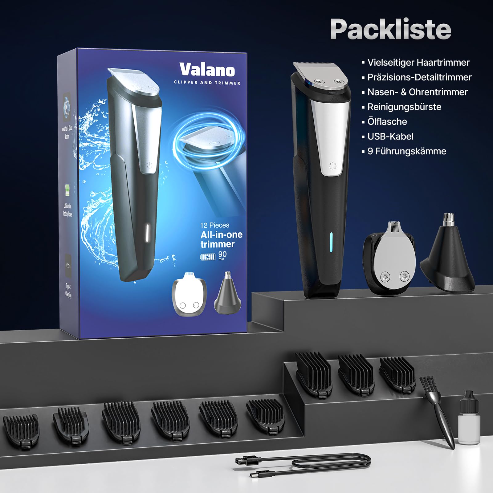 Valano Tondeuse Cheveux Hommes et Tondeuse Barbe Homme, 3 en 1 Rasoir Electriques Hommes Set, Tondeuse Cheveux Sans Fil avec 9 Sabots (1-16mm), Multi-function Men's Groomer Cadeau Homme (Noir)