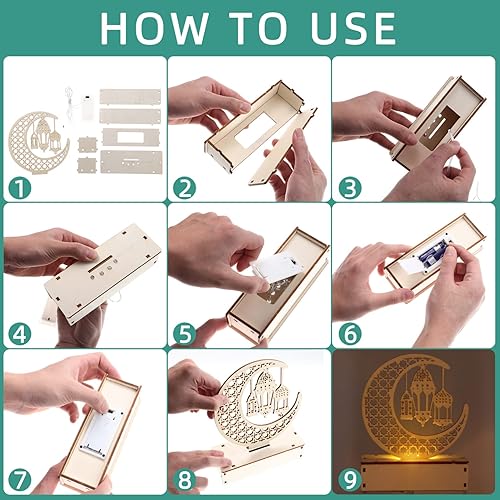Miniatura 5 de OSALADI 4 juegos de adornos de Ramadán Eid Mubarak, luces de noche de luna de madera, luces LED Mubarak de bricolaje, decoraciones de mesa Eid para