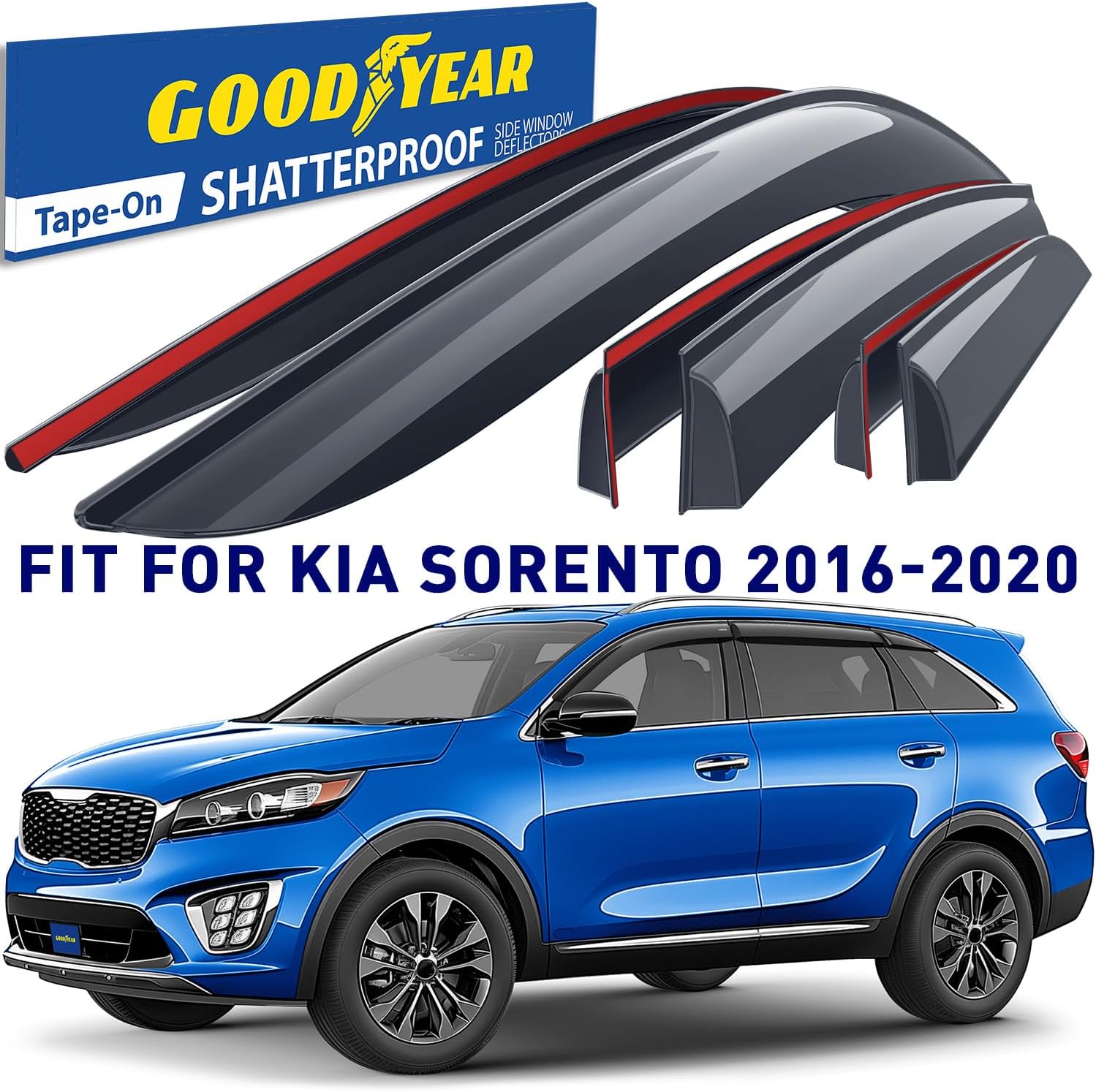 Goodyear Shatterproof Window Deflectors for Kia Sorento 2016-2020, Tape-on Rain Guards, Window Visors, Vent Deflector Visor, Car Accessories,6 pcs. - GY008666