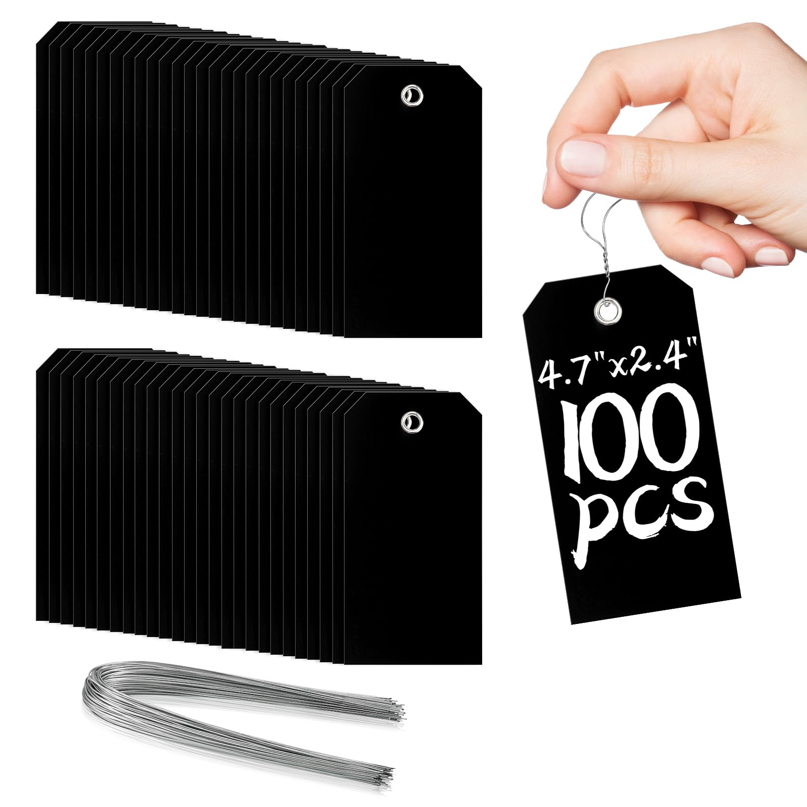 100 Pcs Waterproof Hanging Price Tags with String Attached - Black, 4 3/4" x 2 3/8" for Retail, Engraving, Gift, Equipment, Garage, Shelf Parts