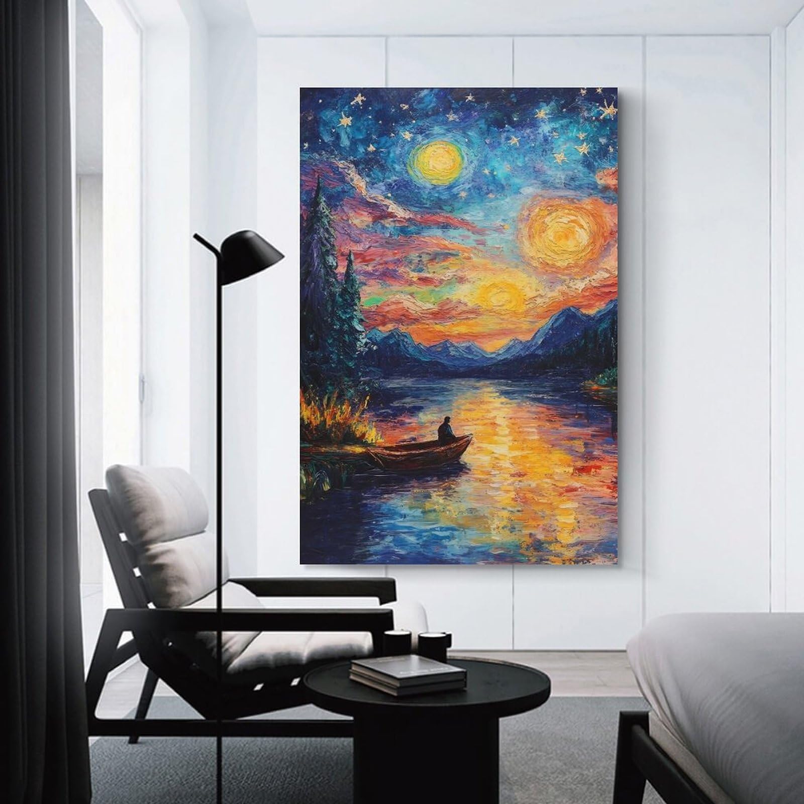 Junmoney Unframe-Style-8 Canvas Wall Art Impressionistic Lake Scene With Boat, 24X36inch(60X90cm), For Lounge, Study, Hallway Or Flat Walls, Canvas Wall Art That Fits Changing Layouts
