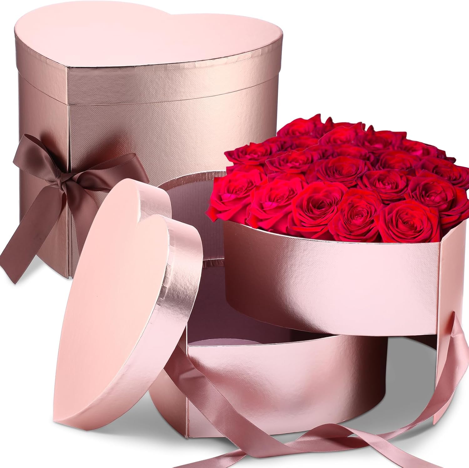 Chivertion 2 Pcs Mother's Day Large Heart Shaped Box Flower Gift Boxes with Lids Double Layers Rotating Floral Gift Box for Luxury Style Flower Arrangements, 9.8 x 9.1 x 7.5 Inch(Rose Gold)