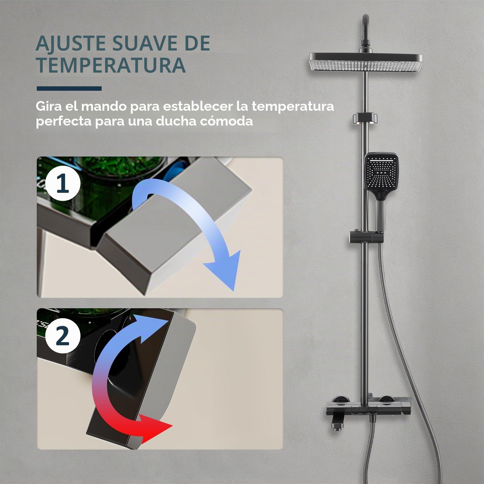 Columna Ducha con Grifo Retráctil, Ducha de Bano Columna con Pantalla Digital LED - Cabezal Cuadrado, Altura Ajustable Ducha de Mano, Grifo para Bañera - Baño de Lujo y Confort