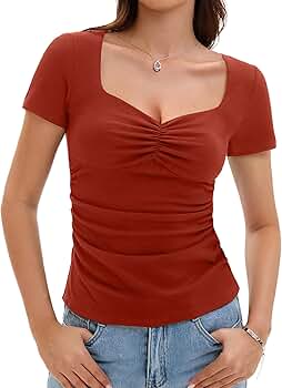 Amoretu Women's Ruched Sweetheart Neck Tops Short Sleeve Fitted