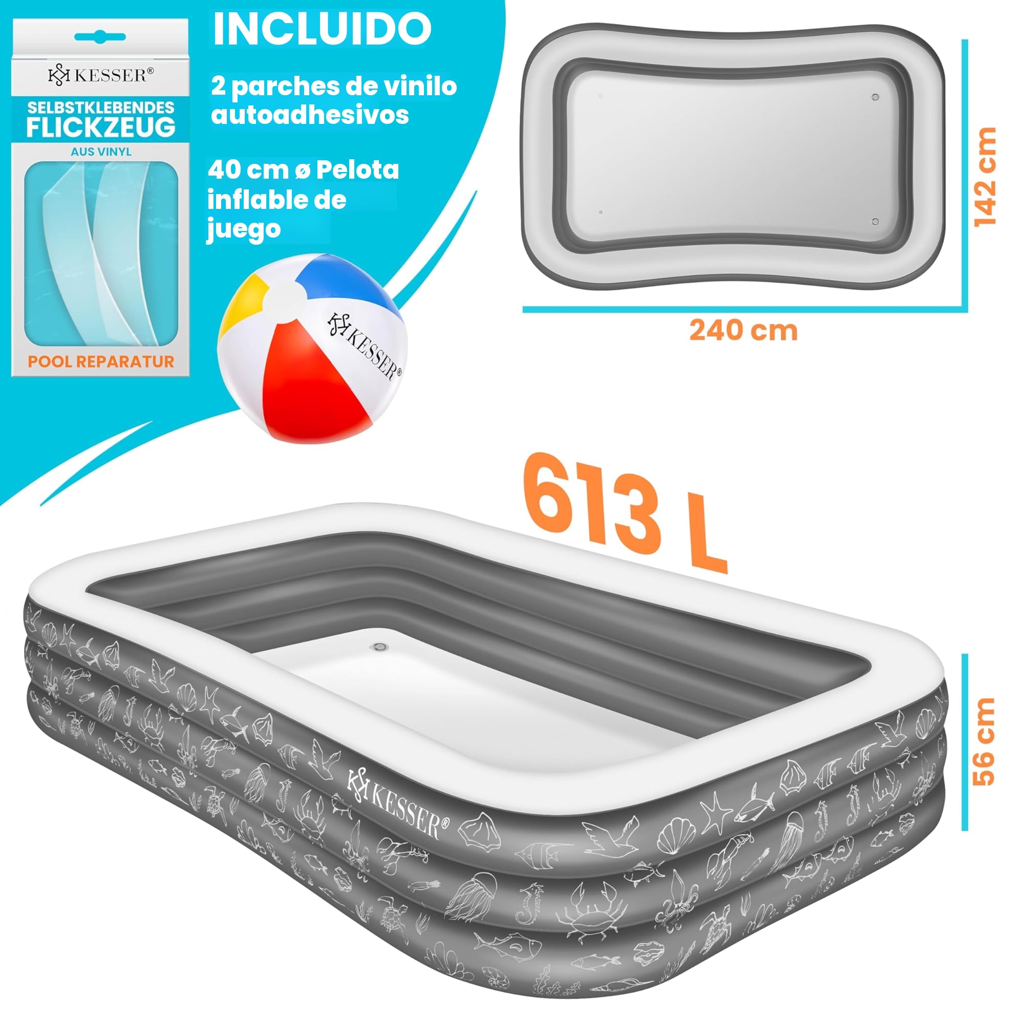 KESSER Piscina hinchable familiar para niños y adultos, piscina familiar, verano, 240 x 142 x 56 cm, 613 litros, capacidad para niños, incluye kit de reparación y pelota