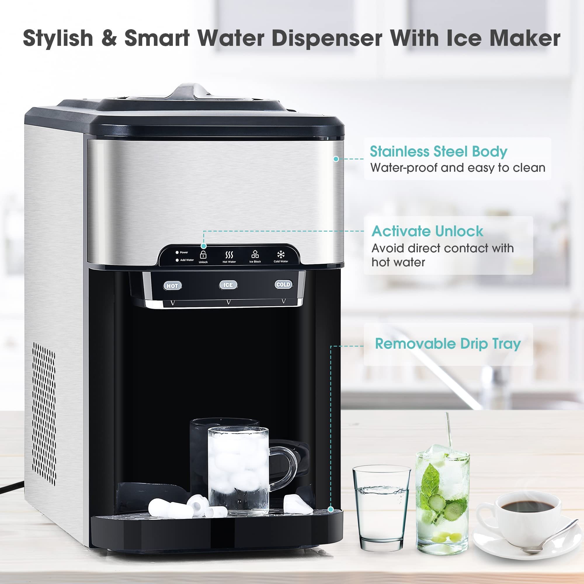 MNSSRN Automatic Dispense Countertop Ice Maker, Portable Water Cooler, Quick 6 Minutes Makes Ice, Hot Cold Water and Ice, Top Loading Or Bottleless on Fridge.com