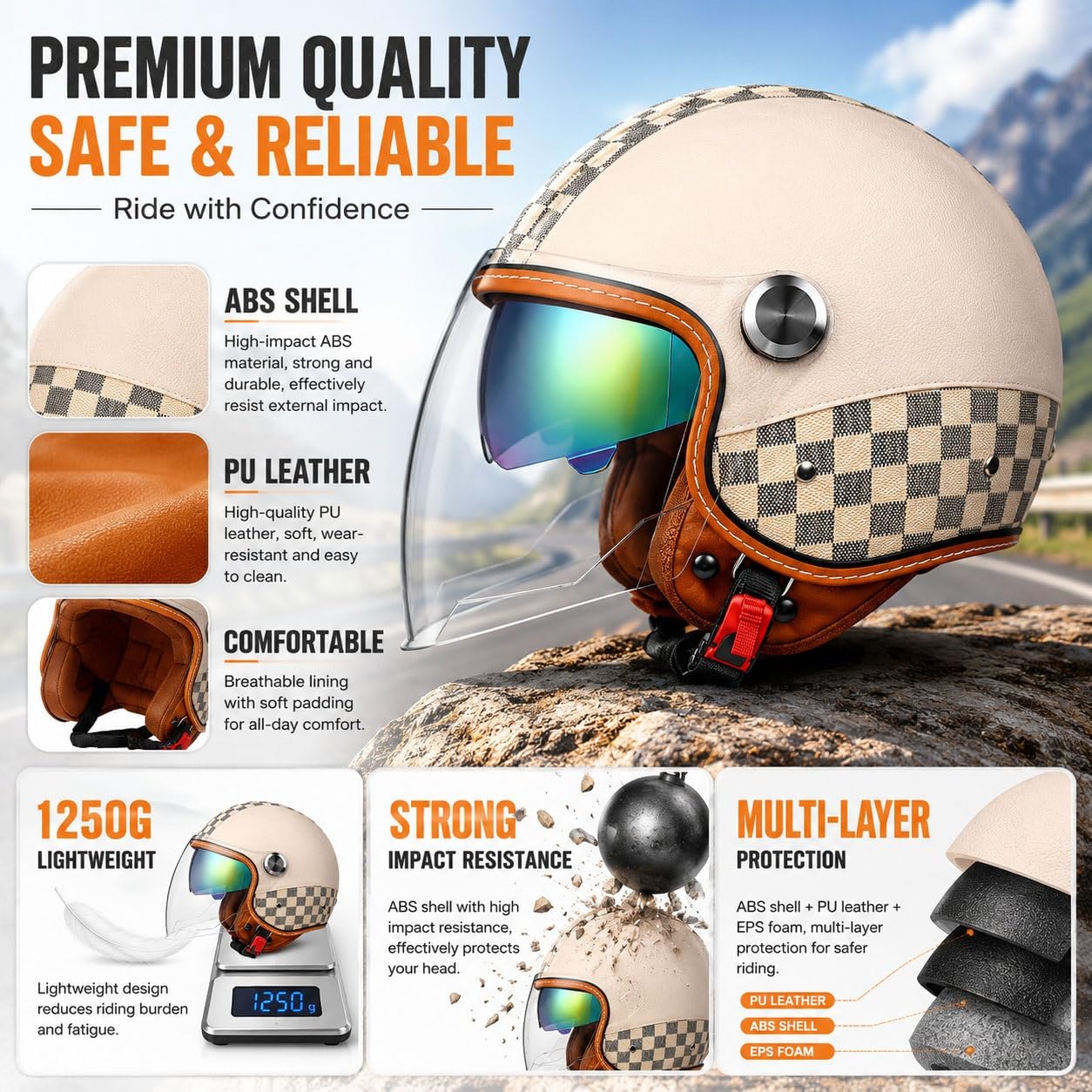 Casco Scooter Homologado ECE, Casco Moto Jet Abierto Vintage en Cuero PU con Auricular Bluetooth Gafas Integradas para Ciclomotor Custom Cruiser Adulto
