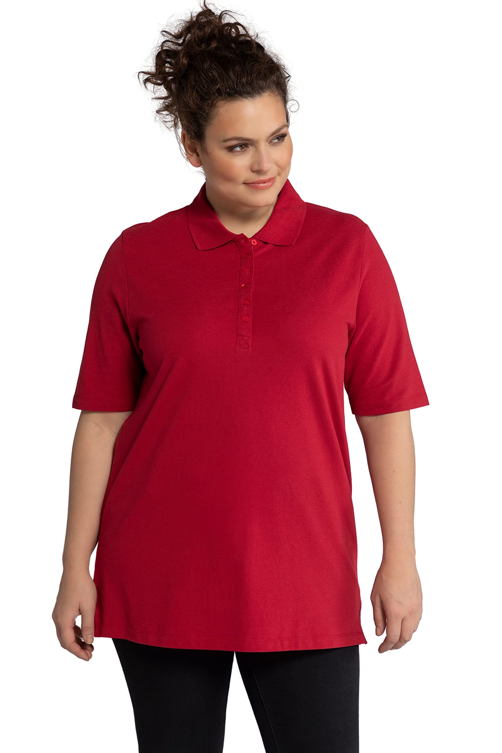 Ulla Popken Womenswear Plus Size Curvy Oversize Basic Pique Polo Shirt Poppy 42+ 637297 57-42+