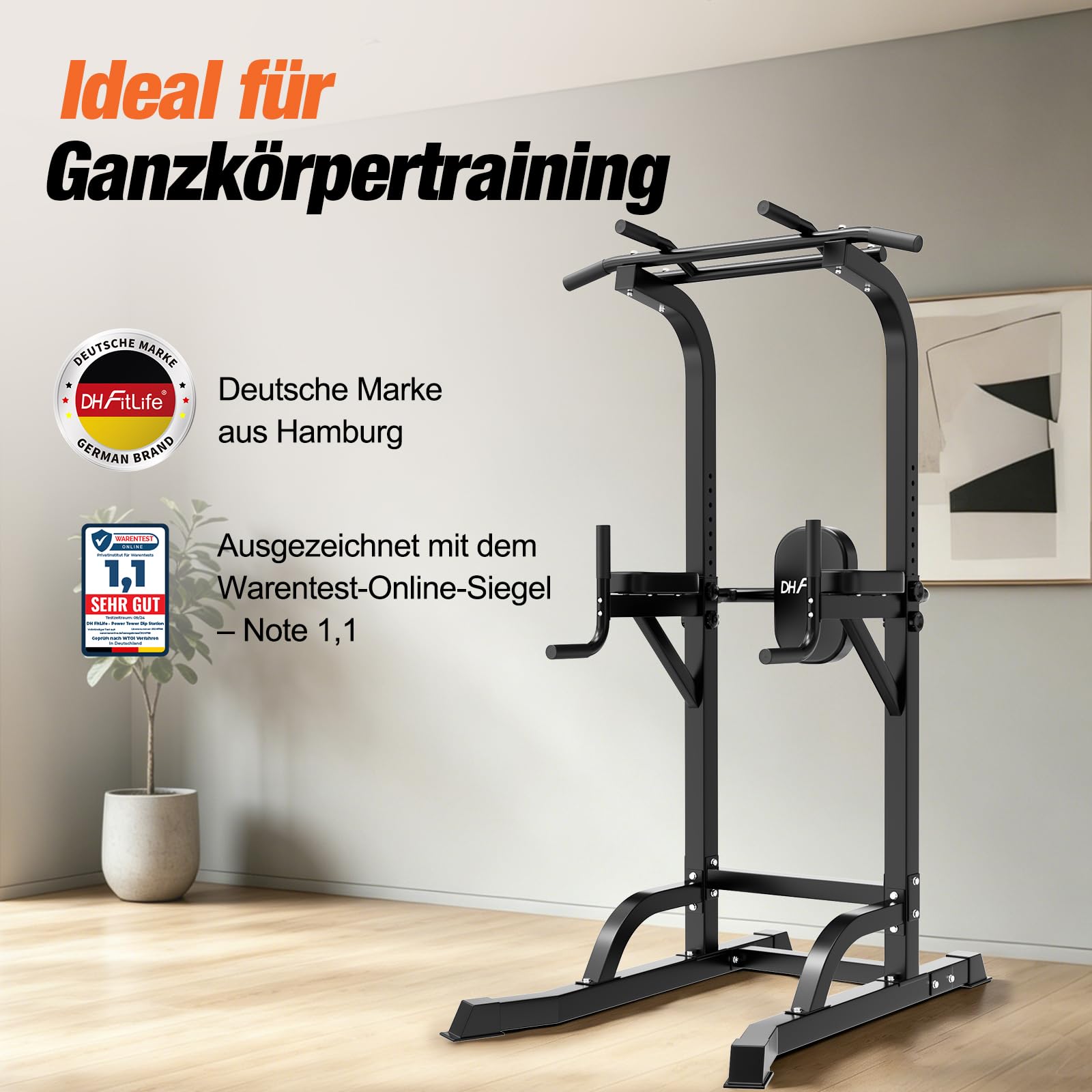 DH FitLife Power Tower Dip Station, Klimmzugstange freistehend bis 230 cm
