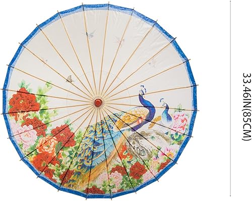 Miniatura 4 de THY COLLECTIBLES Sombrilla de papel engrasado chino hecho a mano a prueba de lluvia 33 pulgadas pavo real y peonía