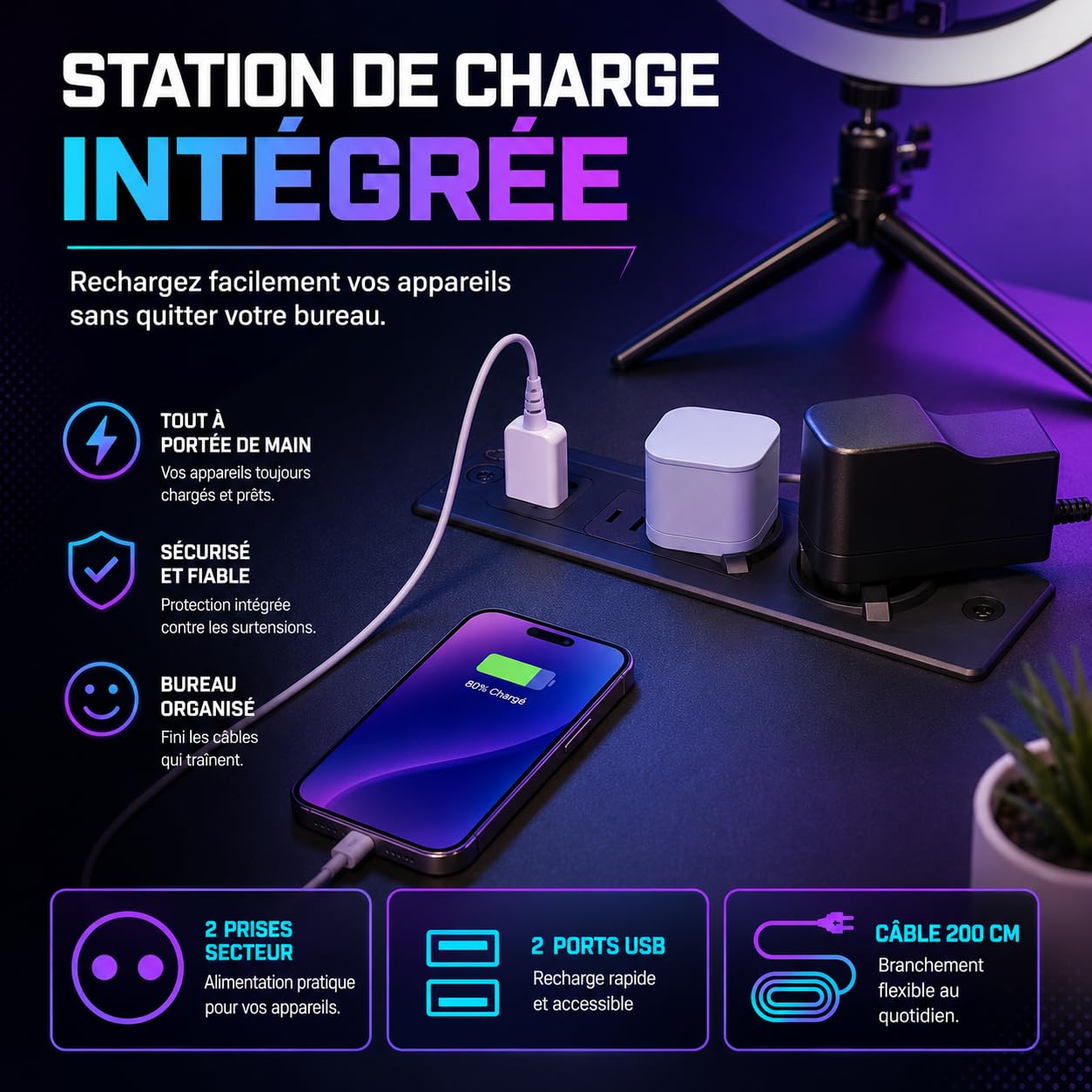 iSunirm Bureau Gaming Noir 100×50cm - LED RGB & Prises USB/Secteur Intégrées, Bureau Gamer avec Rangement Réversible, Compact pour Chambre, Étude & Télétravail