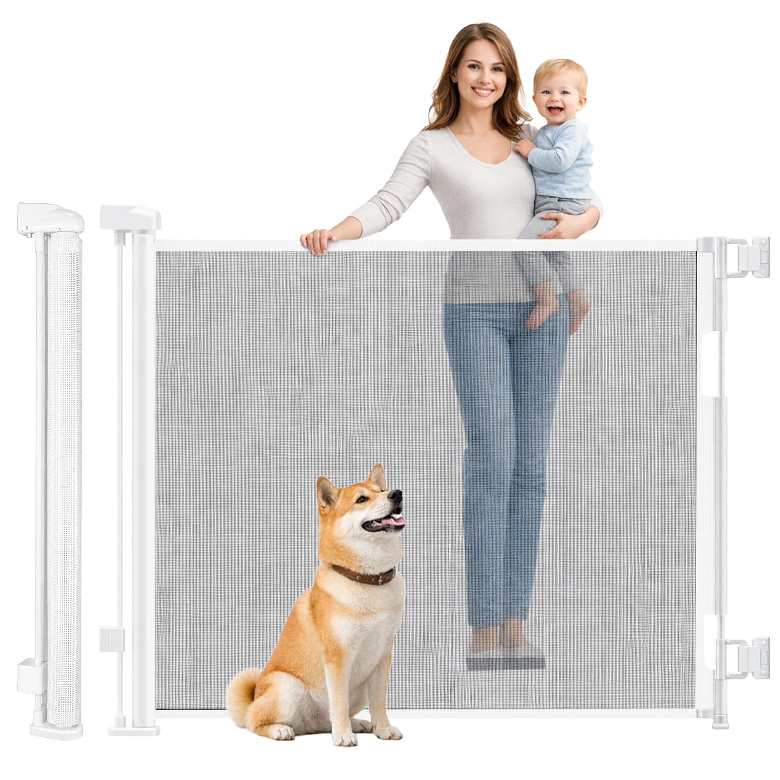 CROWNSHOP Stair Gate, Retractable Stair Gates for Baby and Dogs, Extends up to 55" Wide, 33" Tall One Handed Operation, Baby Gate for Doorways/Hallways White