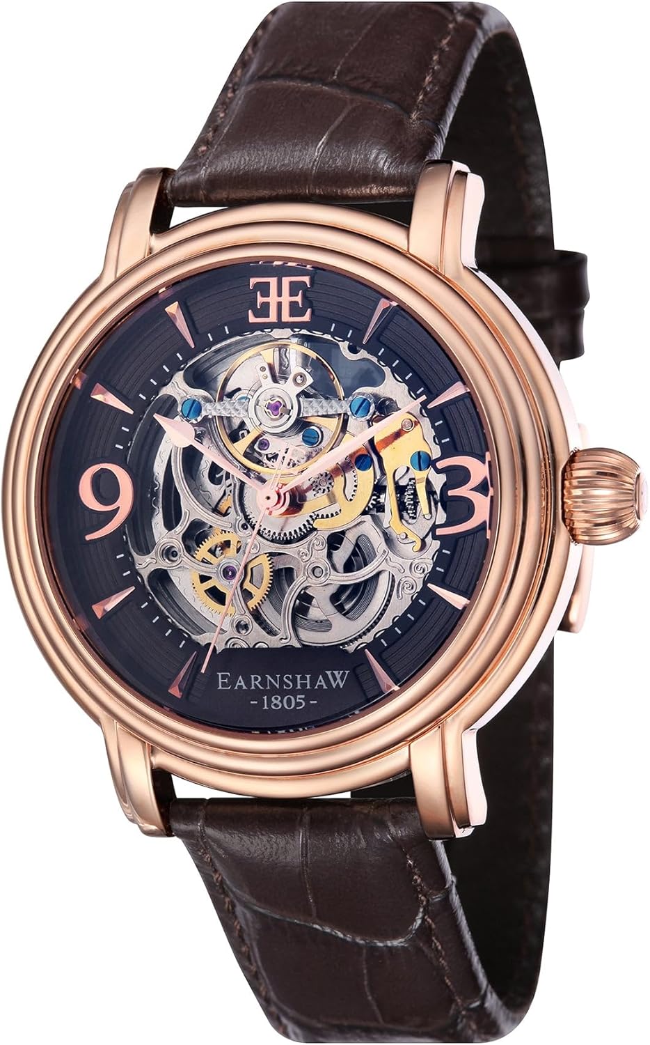 Thomas Earnshaw Longcase Grande Skeleton Men's Automatic Watch 48mm Open Heart Dial Genuine Leather Strap ES-8011 Brandy Rose Gold