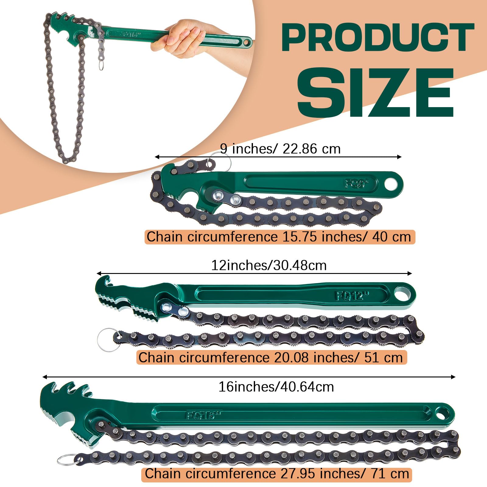 Llave de filtro de aceite de cadena reversible grande de 3 piezas con llave de cadena de 12, 16 y 9 pulgadas, ajustable, de acero al carbono resistente, accesorios de tubería resistentes, llave de