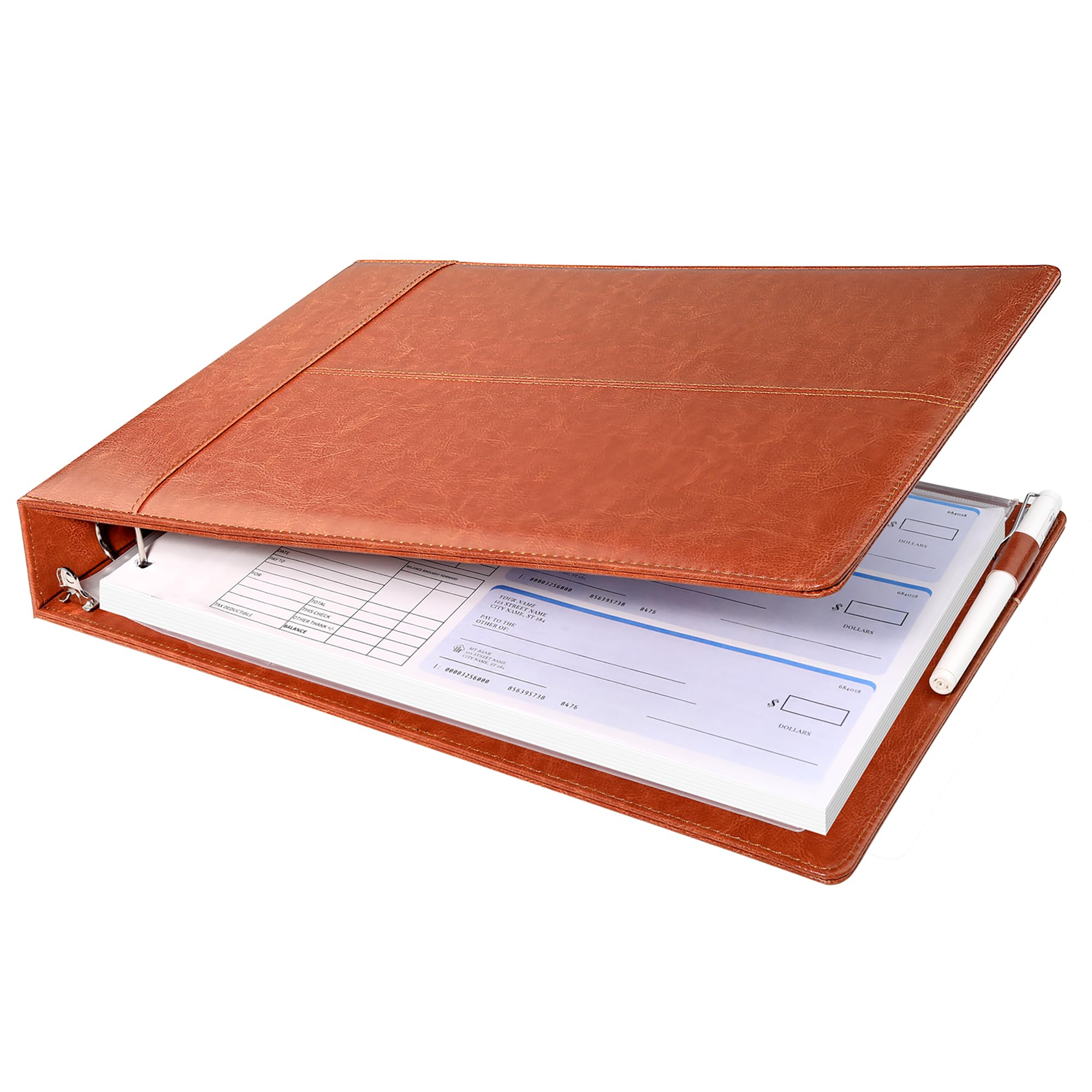 SUNEE Business Checkbook Binder 7 Ring 1 Inch with Zipper Pouch, 600 Checks Capacity for 9 x 13 Inch Sheet, Premium Pu Leather Brown Check Binder 7 Hole for 7 Ring Check, Office Supplies