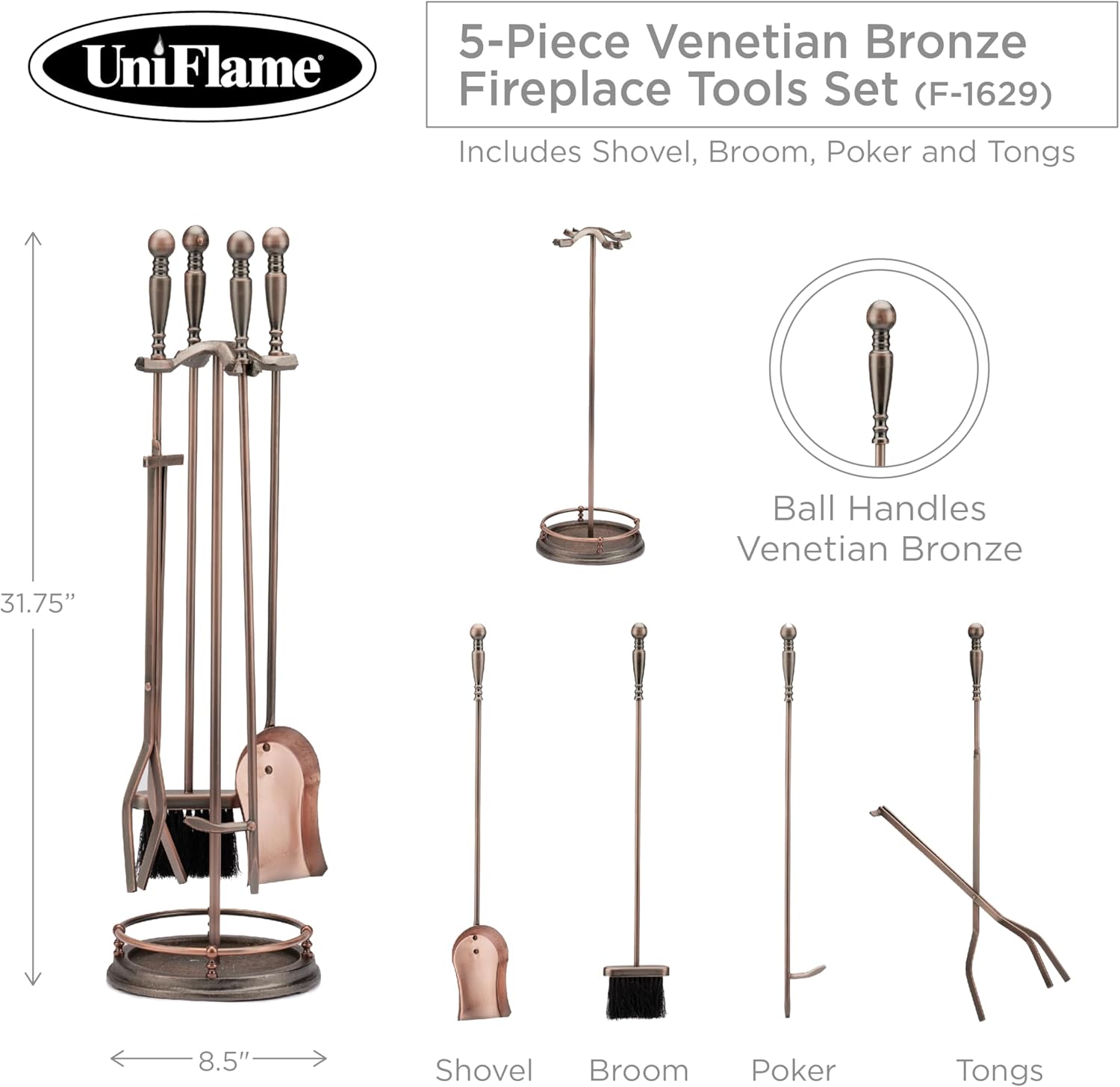 UniFlame, F-1629, 5-Piece Venetian Bronze Fireplace Tools Set with Ball Handles