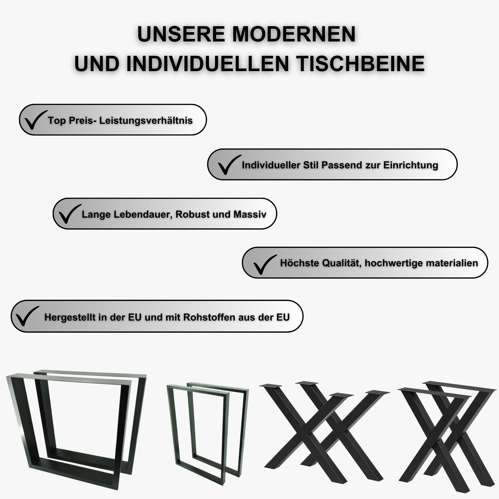 Tischbeine Metall weiß - 2 Stück X Form, rostfrei & modern - Tischgestell Maße L59 x B7 x H72 cm mit Bodenschoner für Schreibtisch Esstisch, Konferenztisch
