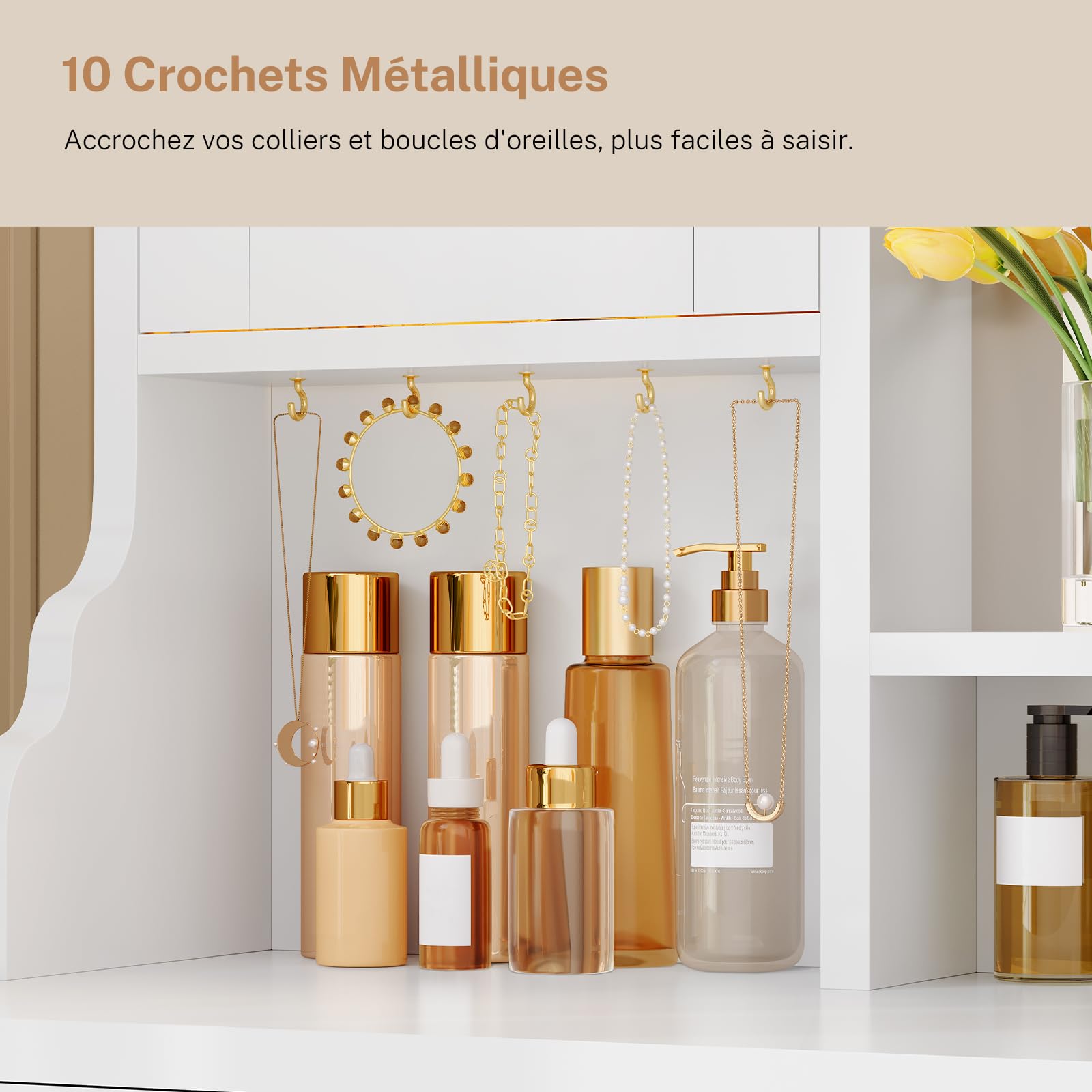 TEENFON Coiffeuse avec Miroir LED et RGB – Coiffeuse avec luminosité réglable, Table de Maquillage avec 3 tiroirs, 4 Portes, 5 Crochets à Bijoux et Prise – pour Chambre Moderne, Blanc