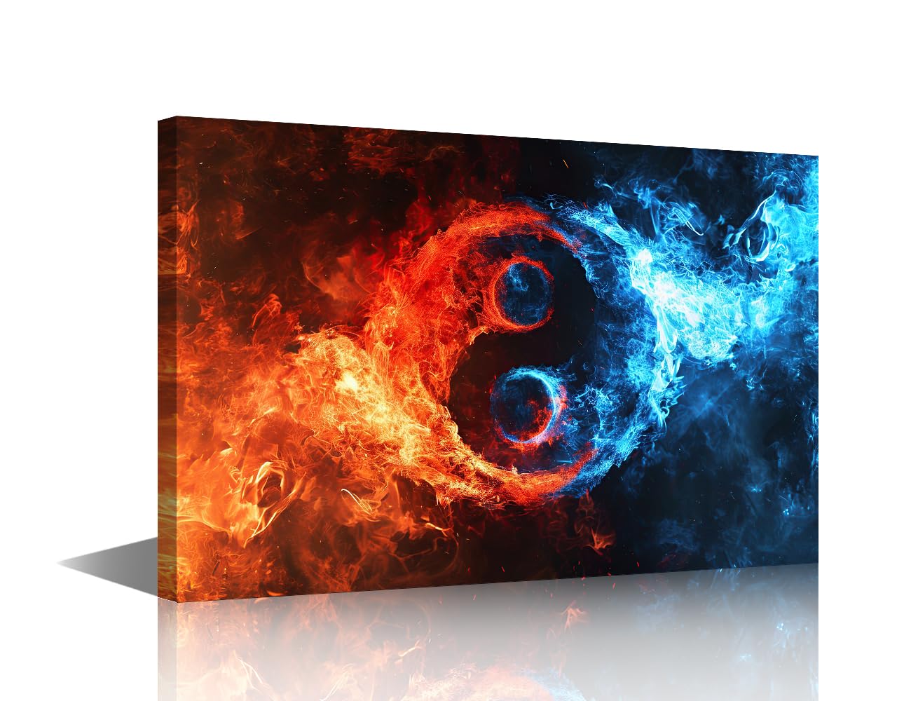 TISHIRON ‌‌Canvas Wall Art Blue And Red Fire Yin Yang Symbol Framed Painting Modern Home Decor Asian Philosophy Wall Art Bold Office Decor Ready to Hang 18x12 in‌