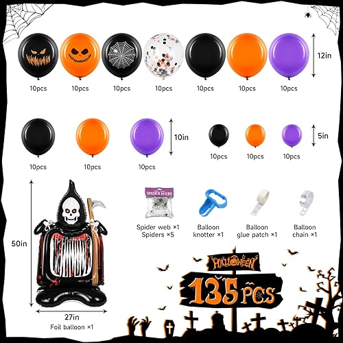 Miniatura 3 de DODOWIN Globos de decoración de Halloween, 135 unidades, kit de guirnalda de arco de globos con telarañas, globo de aluminio inflable, globos de