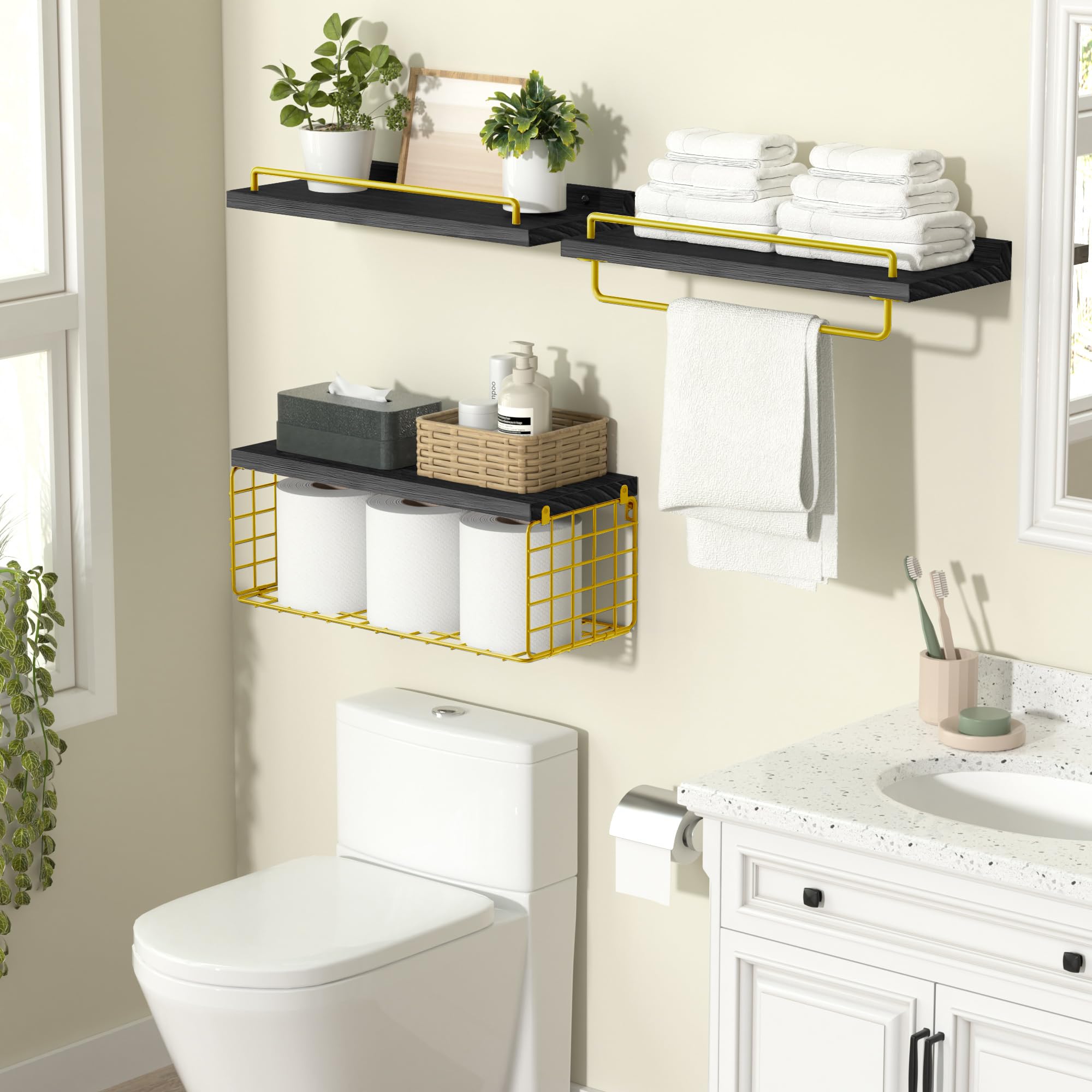 RYOFOBETTO Bathroom Shelves, Floating Shelves Over Toilet Paper Holder, Wall Mounted Rustic Wood Storage Basket Shelves for Bedroom, Living Room & Kitchen, Set of 3 (Black and Gold)
